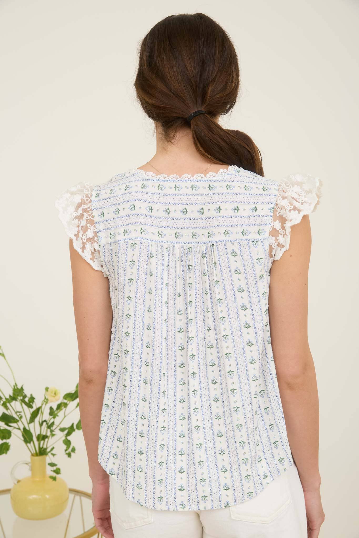 Stripe Floral V Neck Lace Trim Button Down in Blues