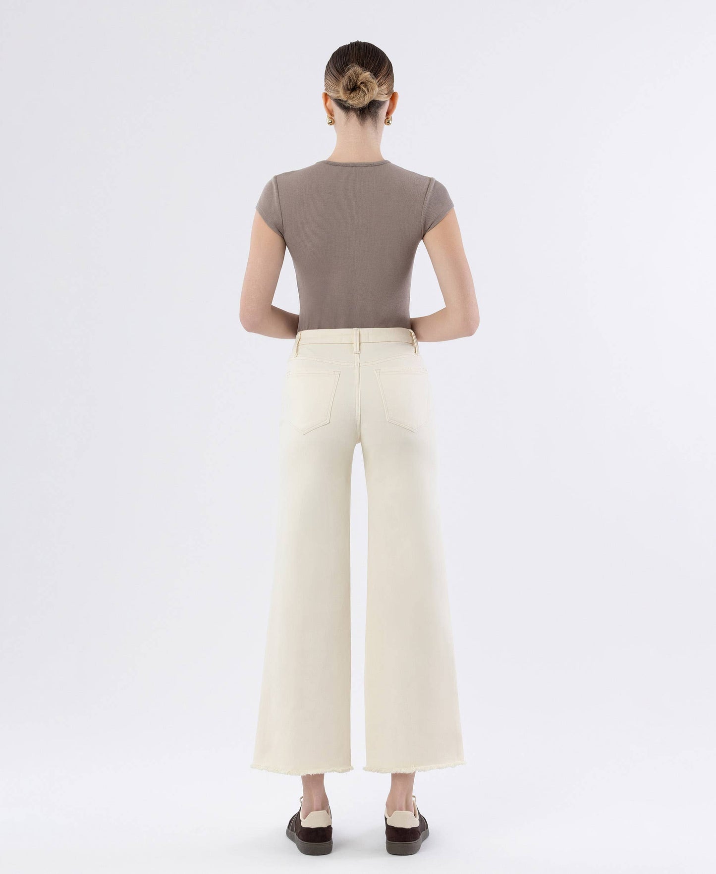 High Rise Raw Hem Ankle Wide Leg Denim in Off White by Lovervet