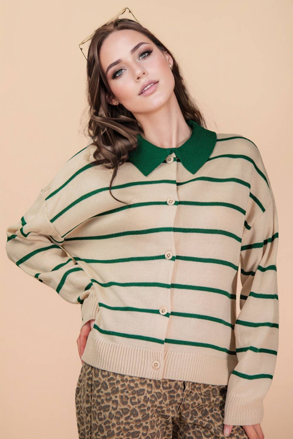 Oversized Button Down Striped Casual Sweater in Green