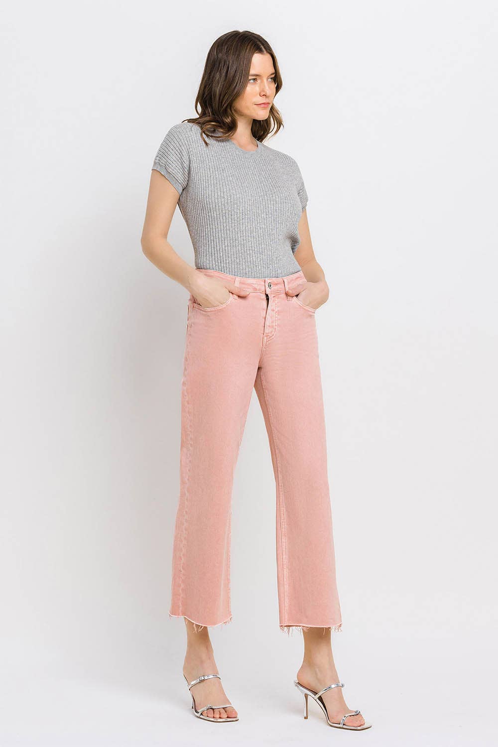 High Rise Crop Wide Leg Denim in Silver Pink by Vervet