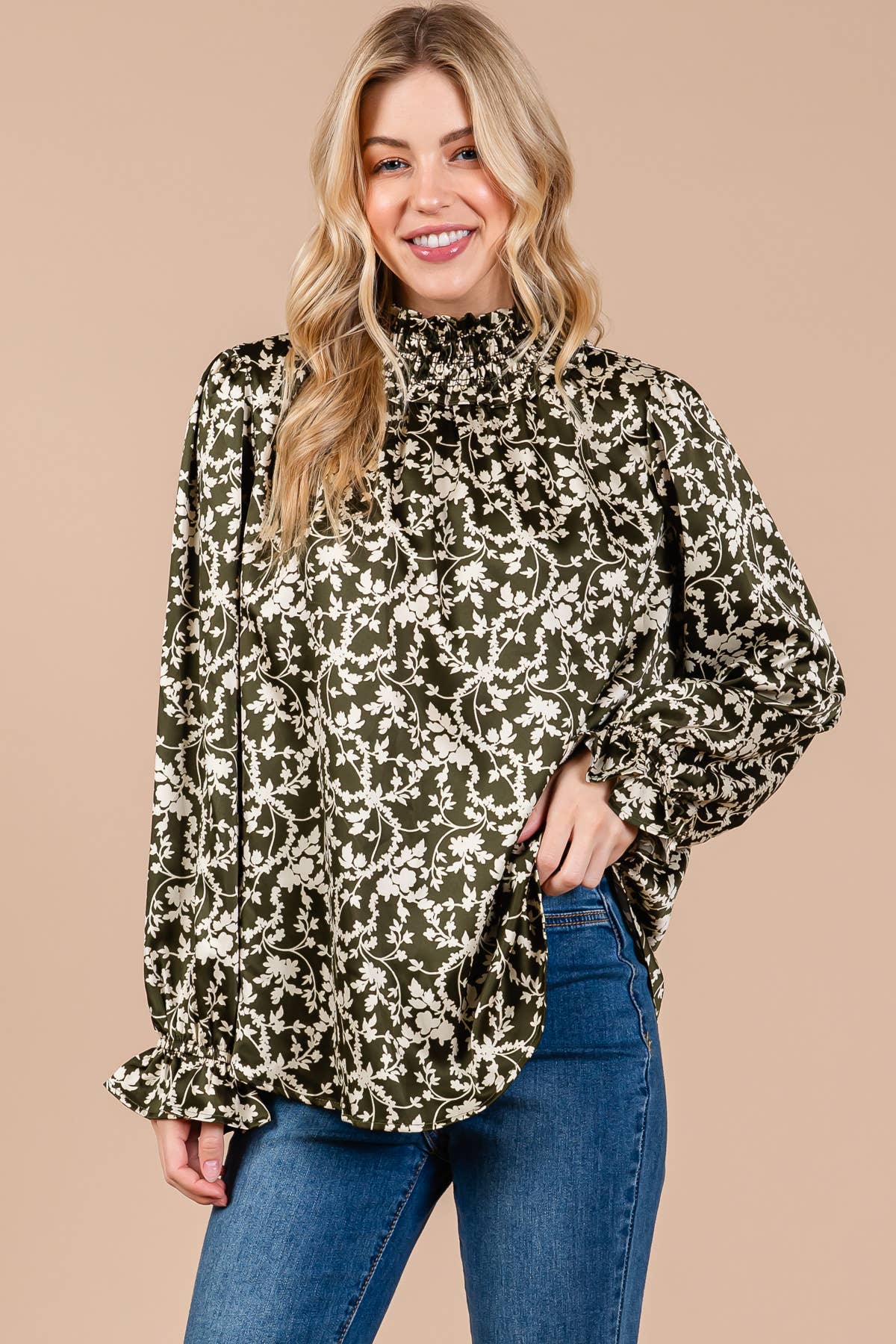 Boho Floral Print Top in Olive
