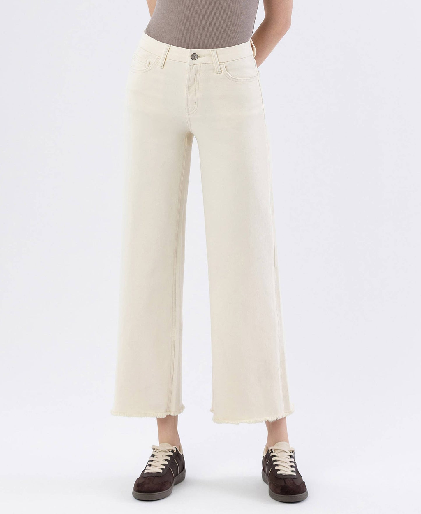 High Rise Raw Hem Ankle Wide Leg Denim in Off White by Lovervet