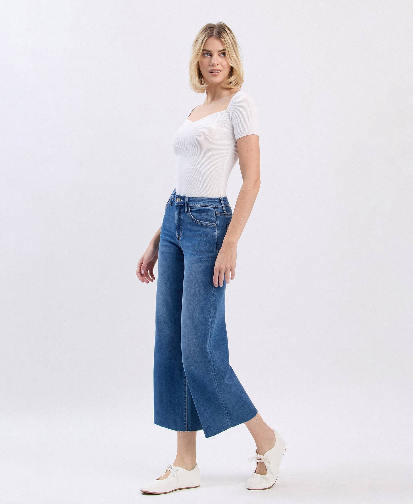 High Rise Clean Cut Raw Hem Crop Slim Wide Leg by Vervet