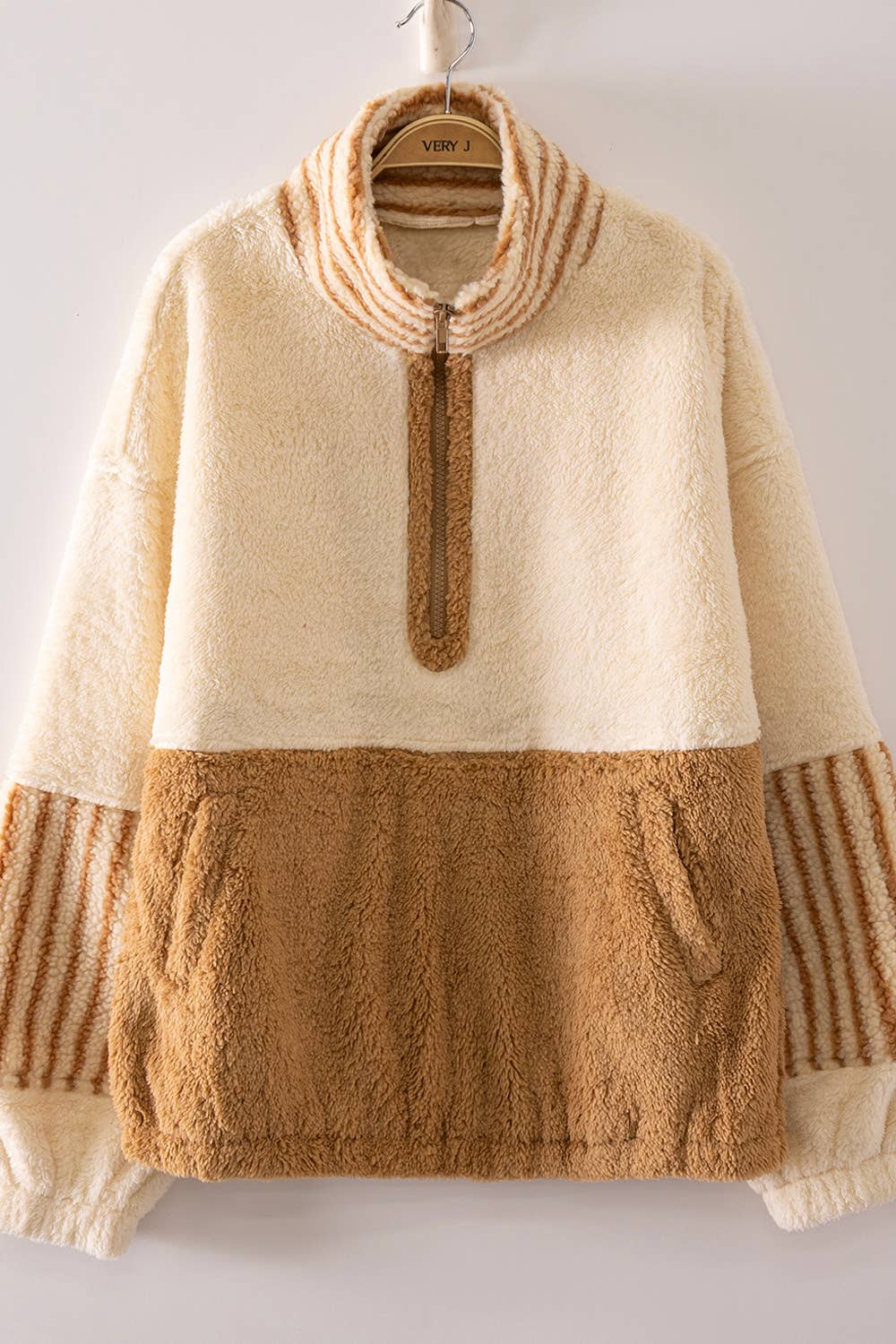 Color Block Sherpa Half-Zip Pullover in Taupe & Cream