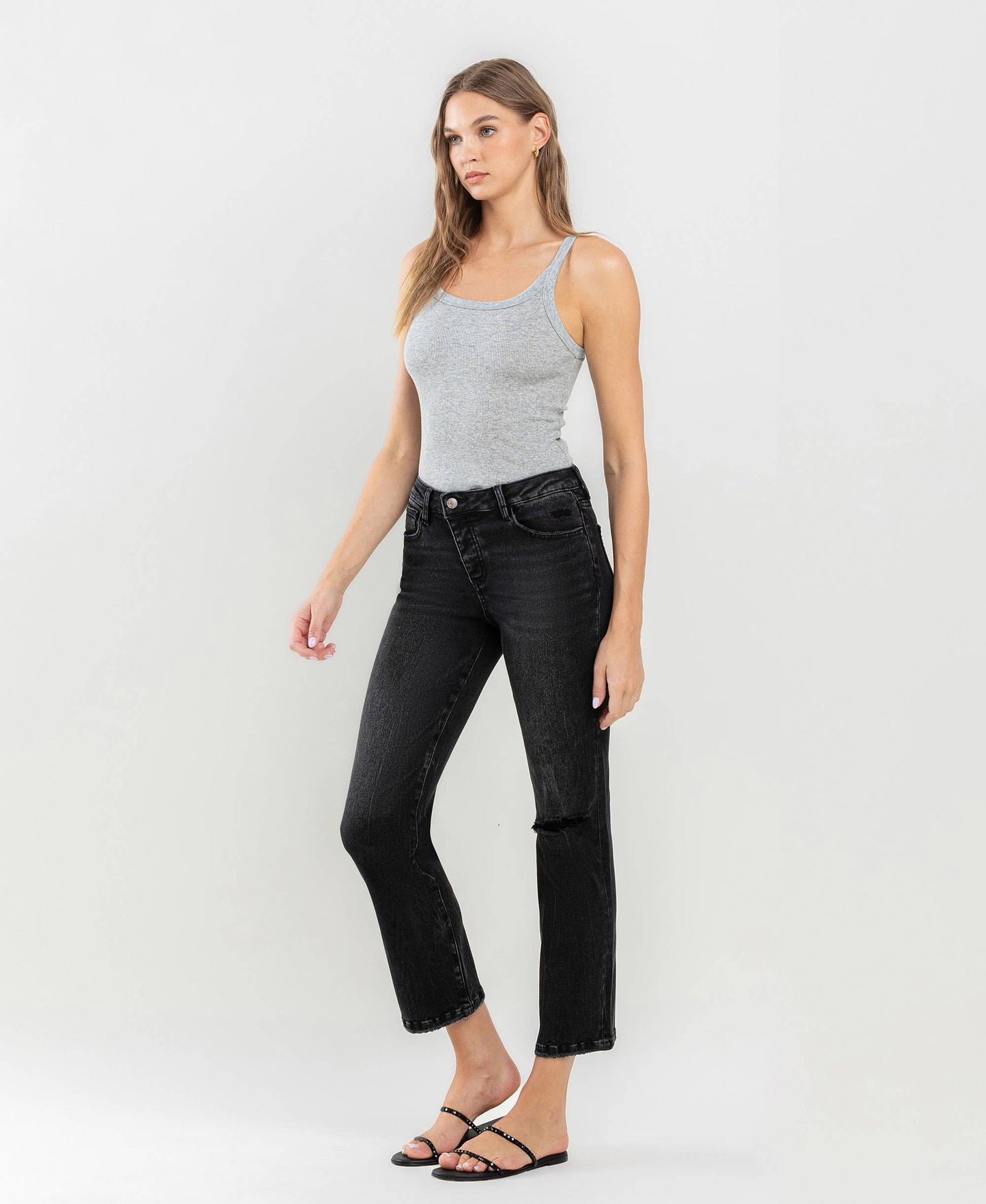High Rise Distressed Straight Jeans in Washed Black