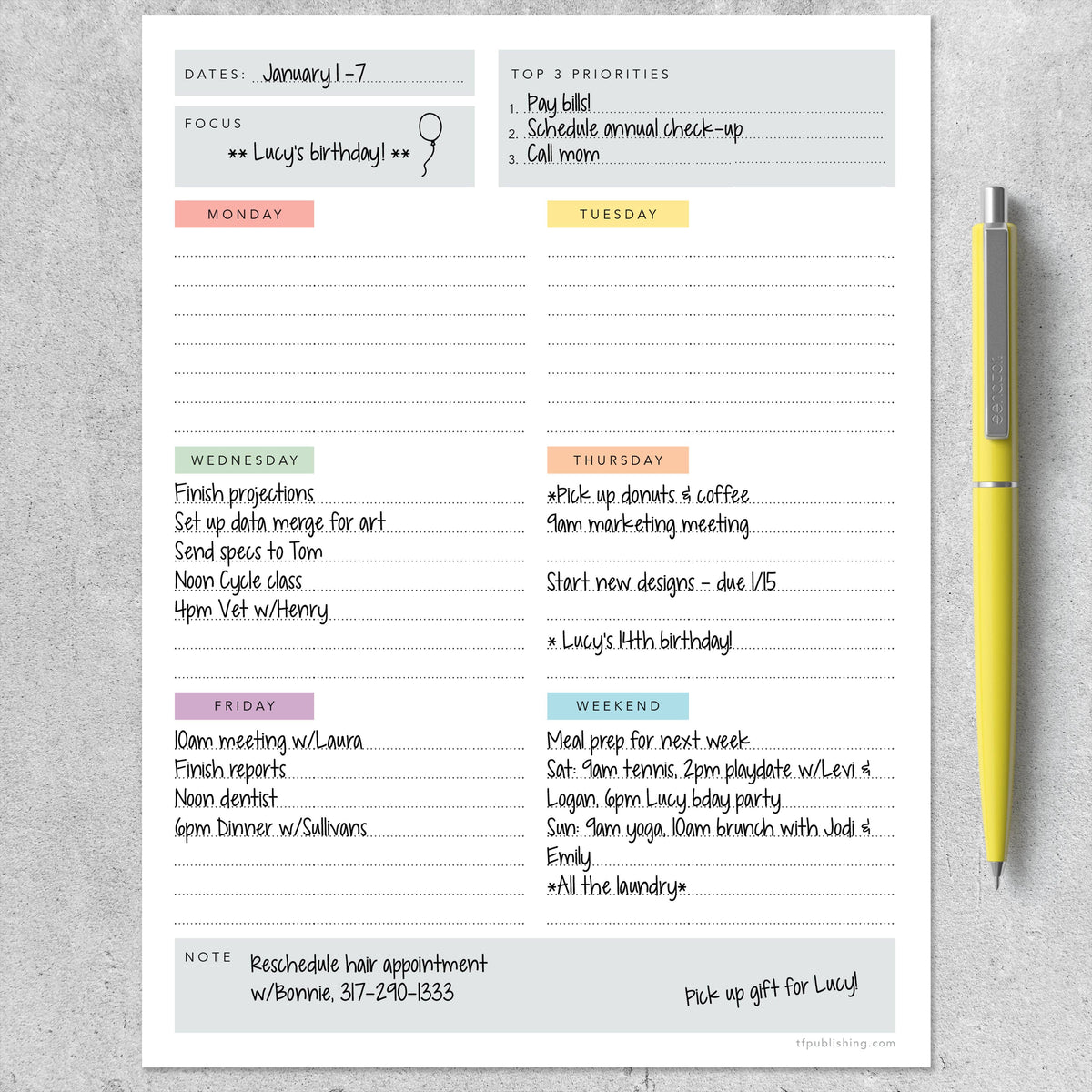 Simply Weekly Color Coded Task Pad – Grey House Goods