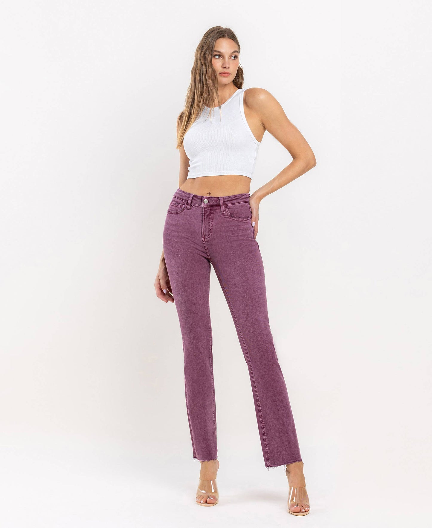 Mid Rise Raw Hem Bootcut in Sangria