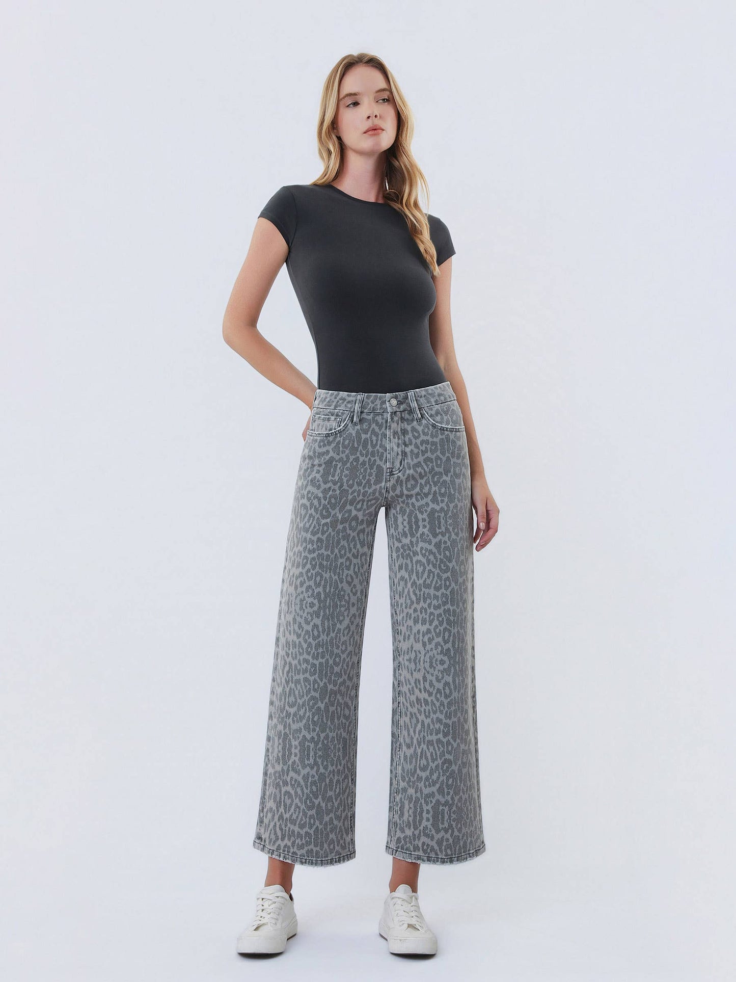 High Rise Grey Leopard Wide Leg Denim by Vervet