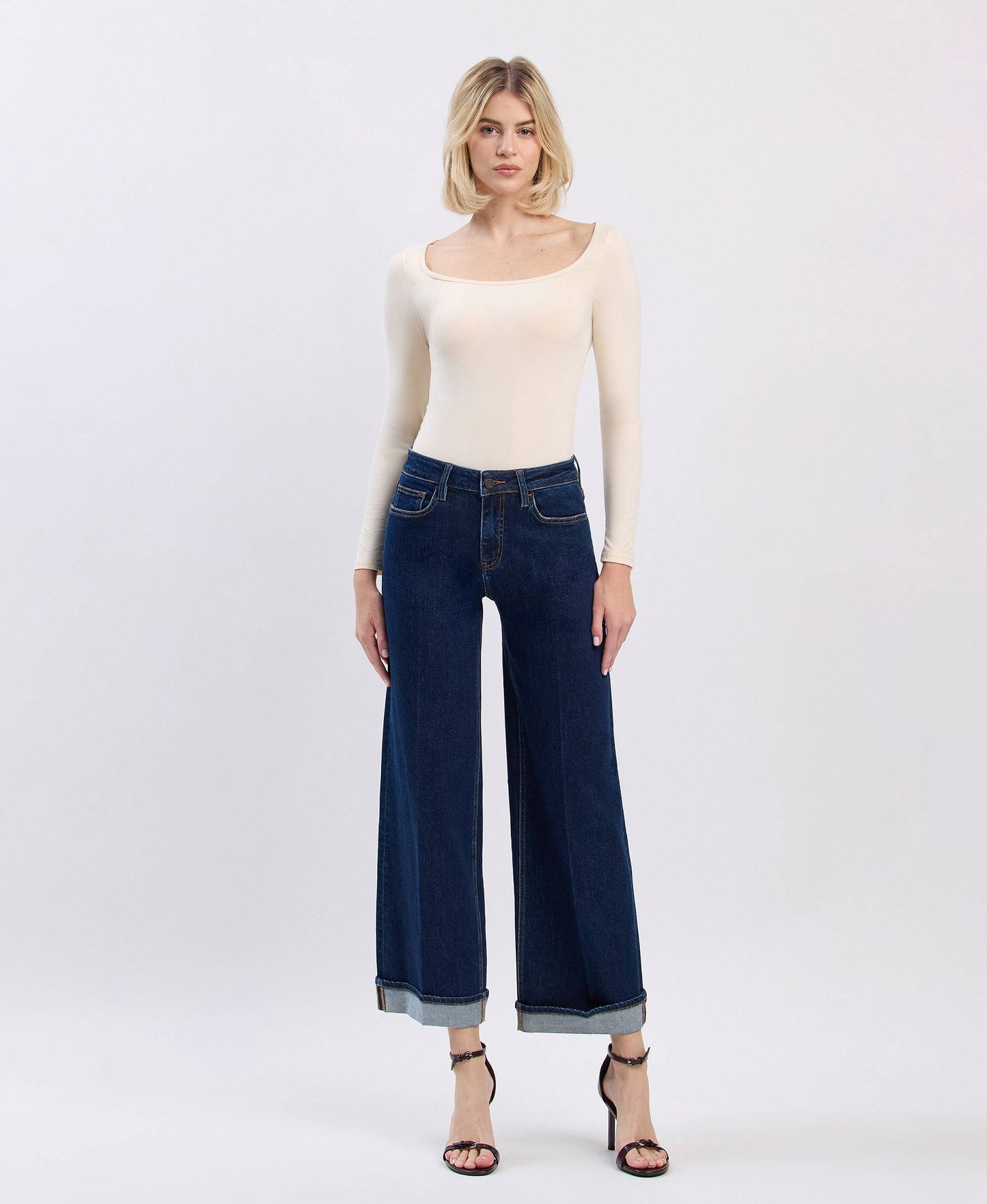 High Rise Cuffed Ankle Wide Jeans