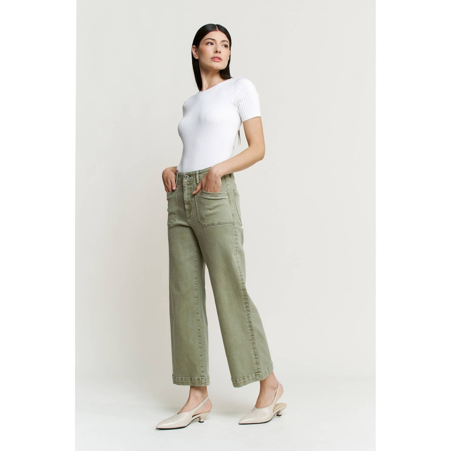 Super High Wide Cropped Utility Denim in Faded Green by MICA