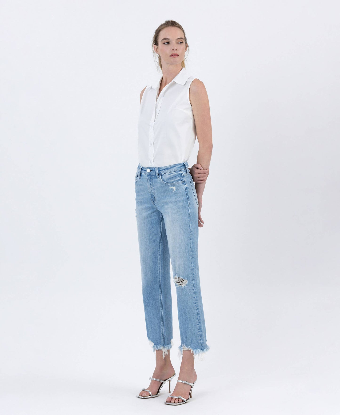 High Rise Distressed Crop Slim Wide Denim