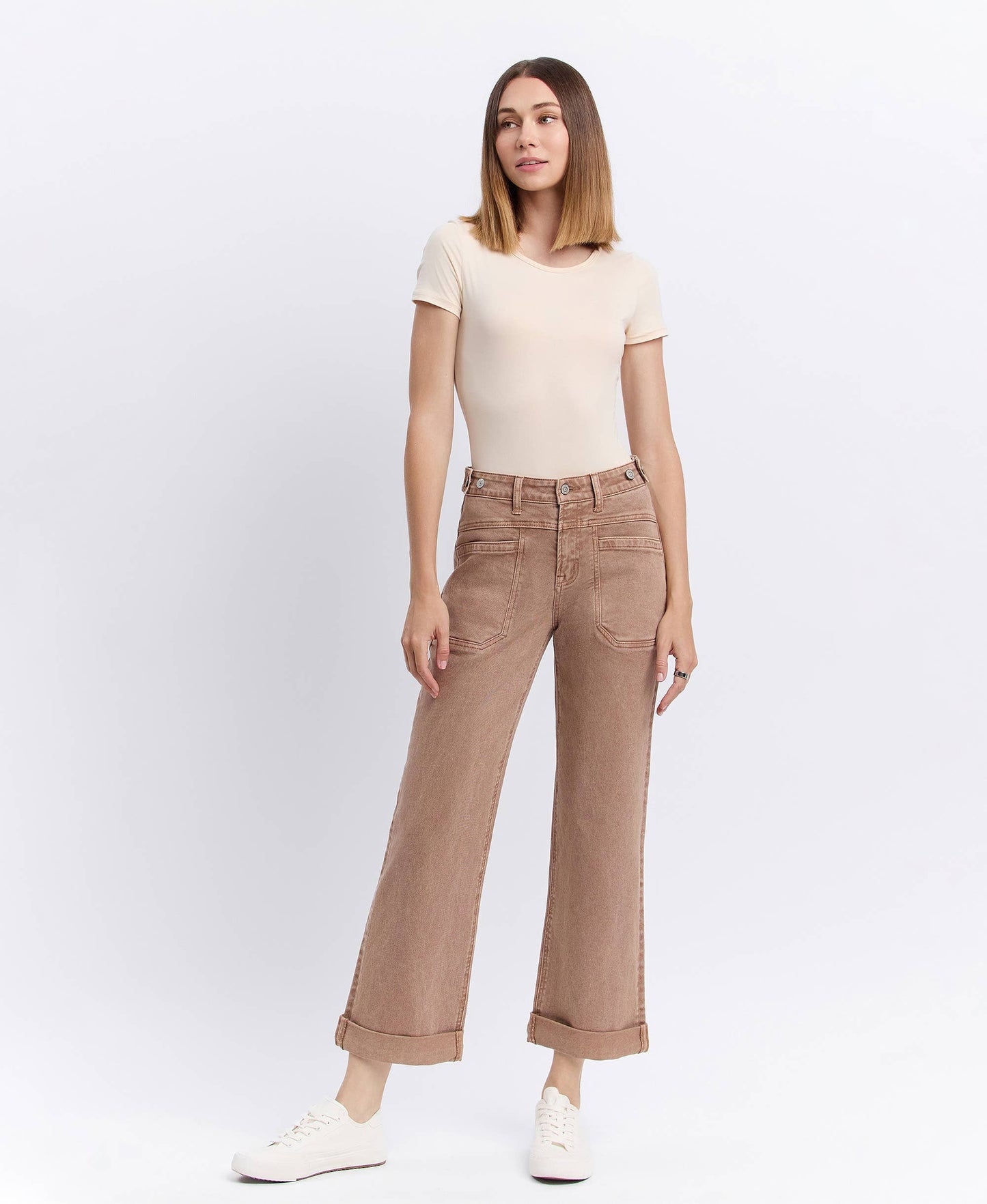 High Rise Tab Wide Denim in Warm Taupe by Flying Monkey
