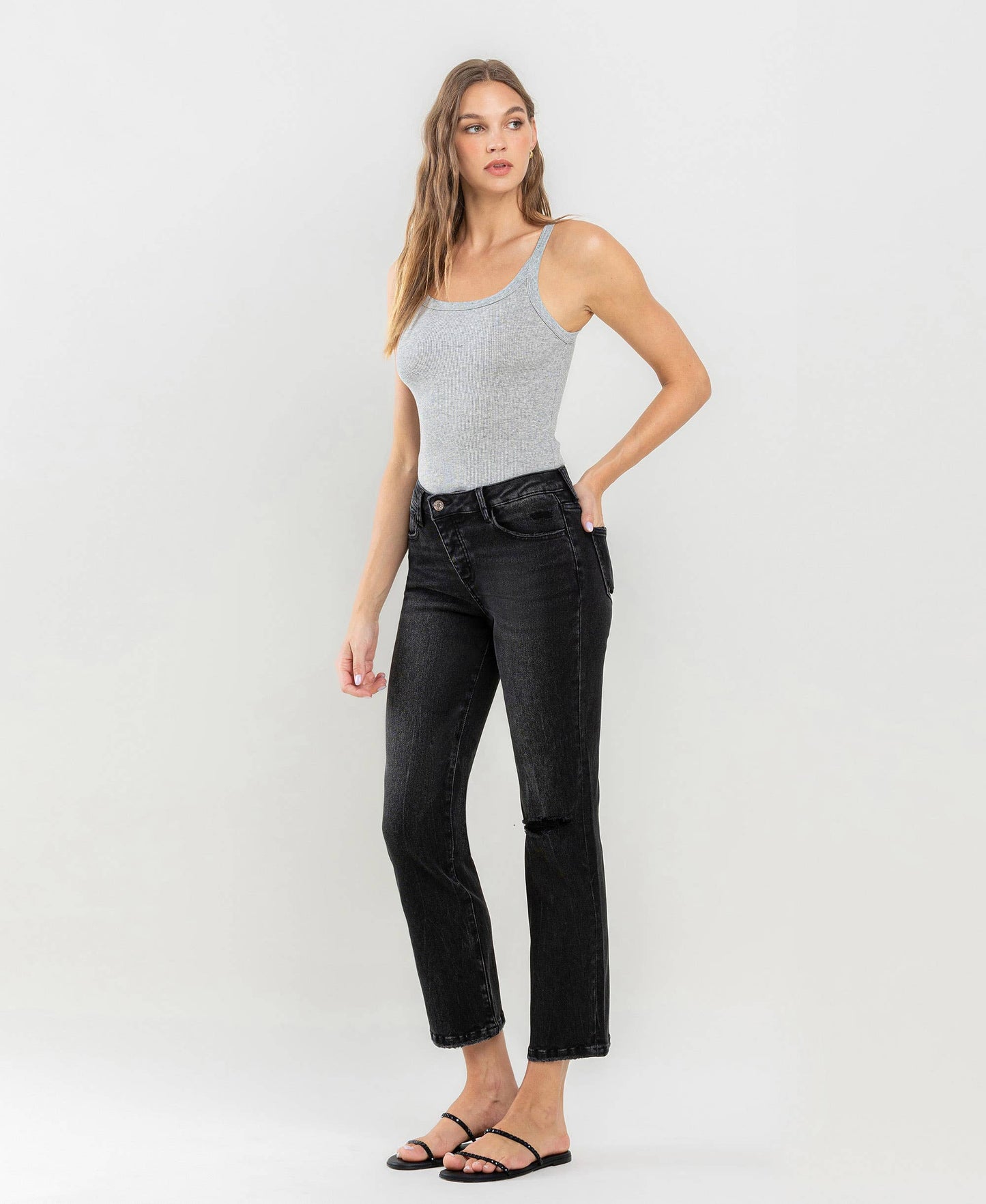 High Rise Distressed Straight Jeans in Washed Black