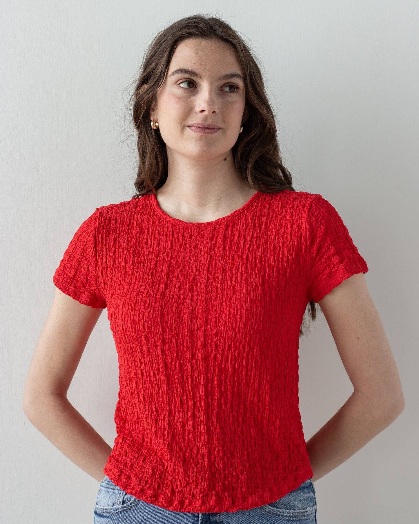 Popcorn Textured Short Sleeve Knit Top in Flame Scarlet