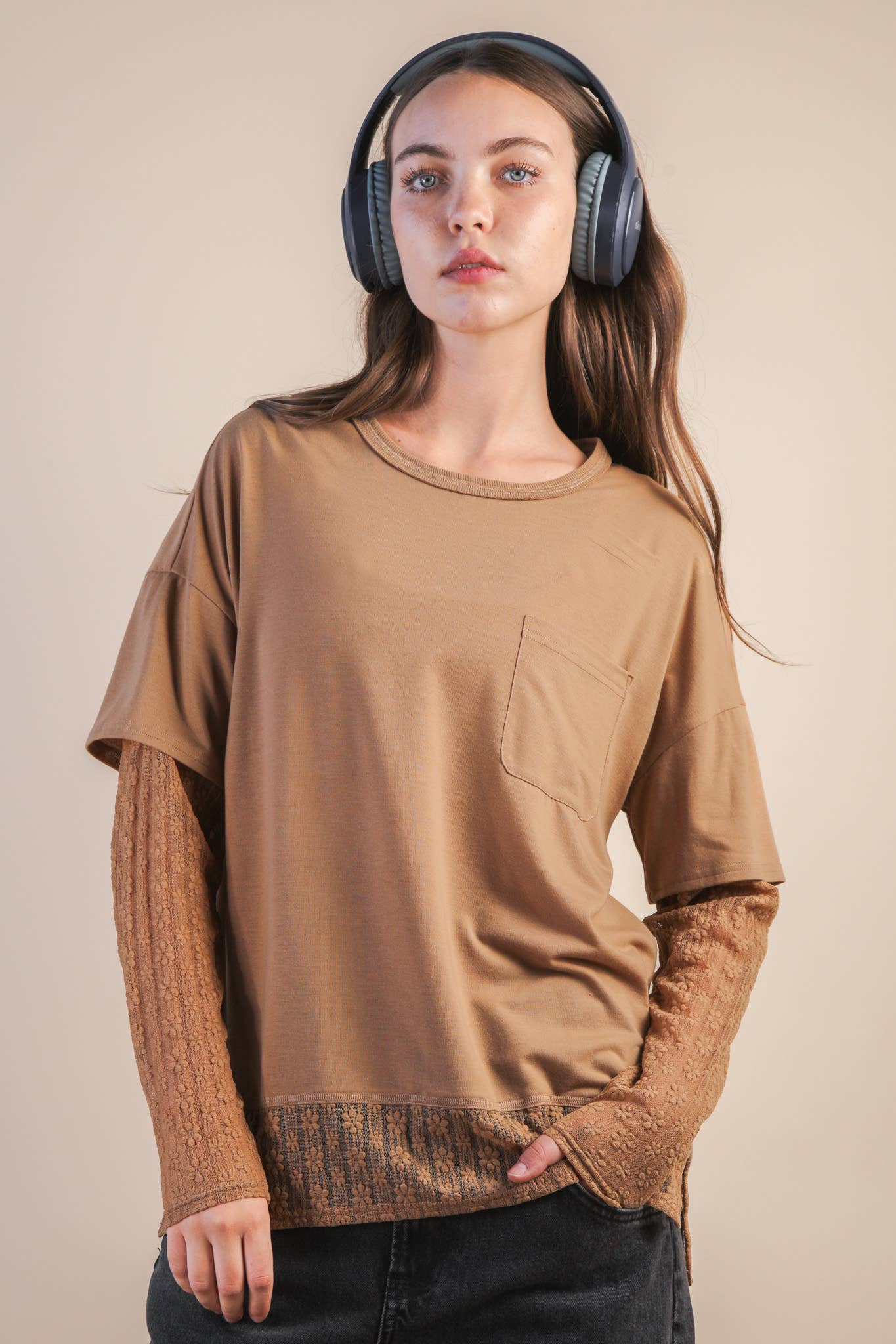 Oversized Casual Knit Top W/ Lace in Olive, Black or Wine