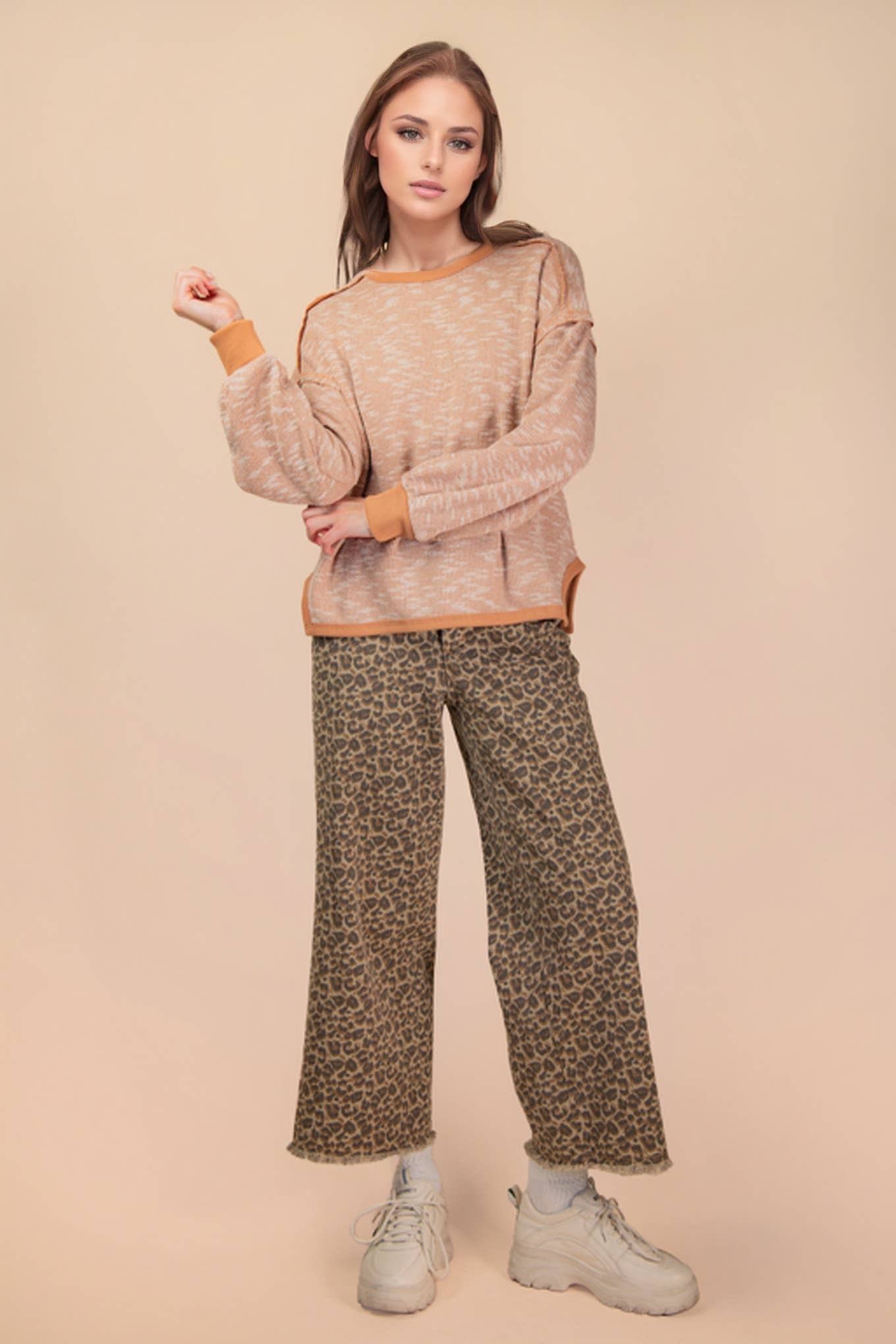 Oversized Printed Knit Casual Top in Mixed Mocha