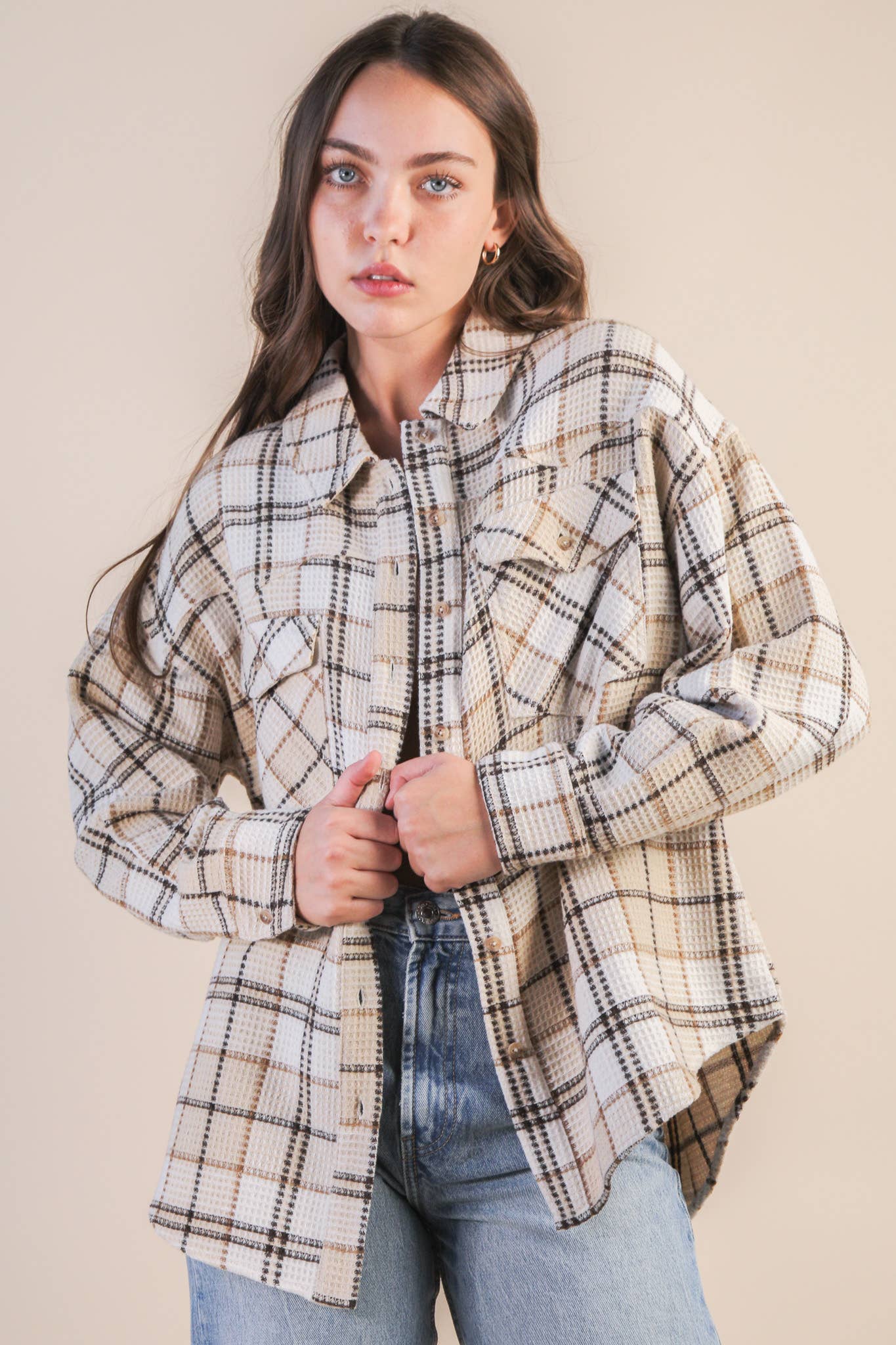 Oversized Checkered Casual Shacket Jacket in Cream