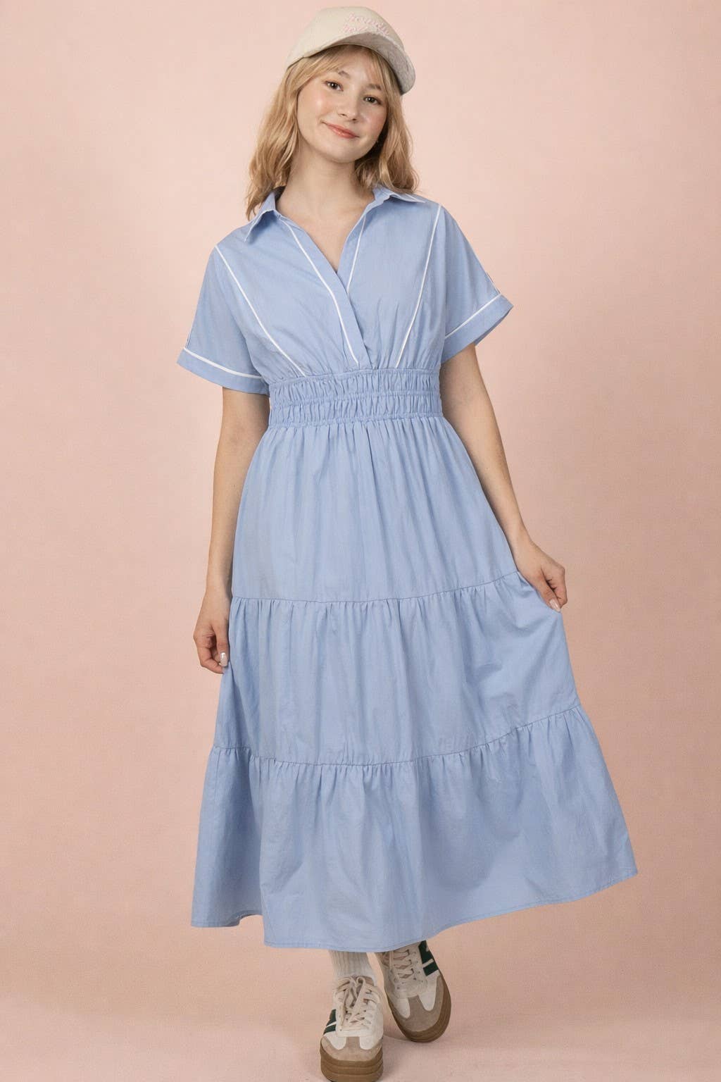Piping Detail Tiered Layered Midi Dress in Light Blue
