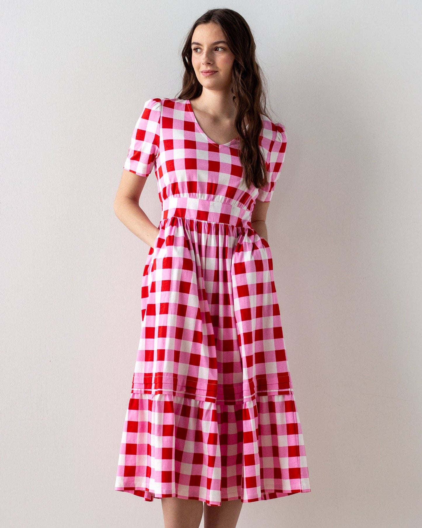 Market Pink Plaid Short Sleeve V-neck Midi Summer Dress