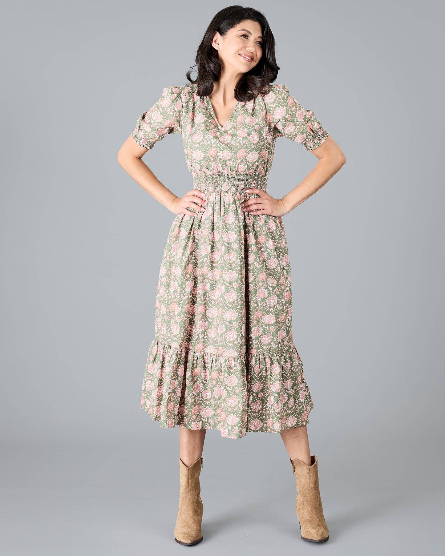 Violet Midi Dress in Green & Pink