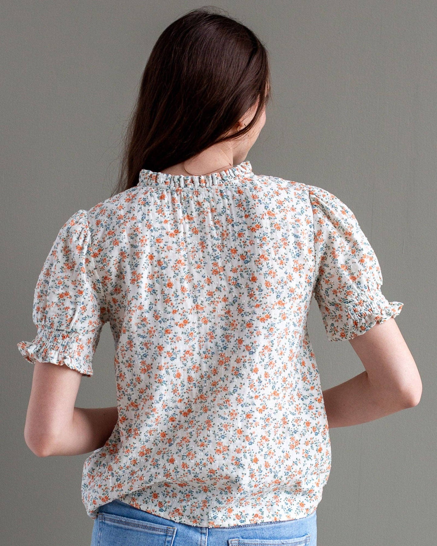 Aria Dainty Floral Print Short Sleeve Ruffle Neckline Blouse