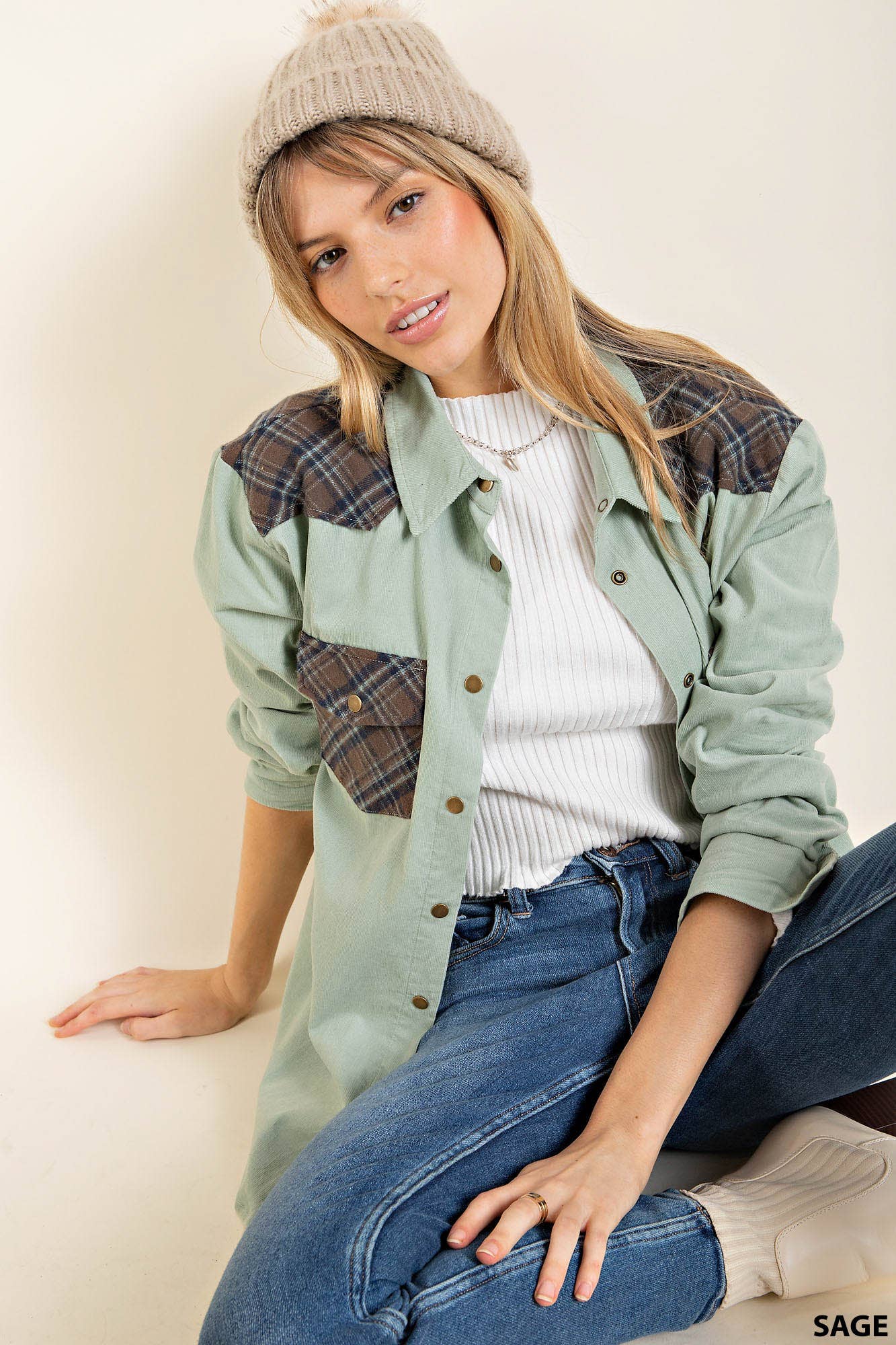 Corduroy Plaid Snap Western Top in Sage