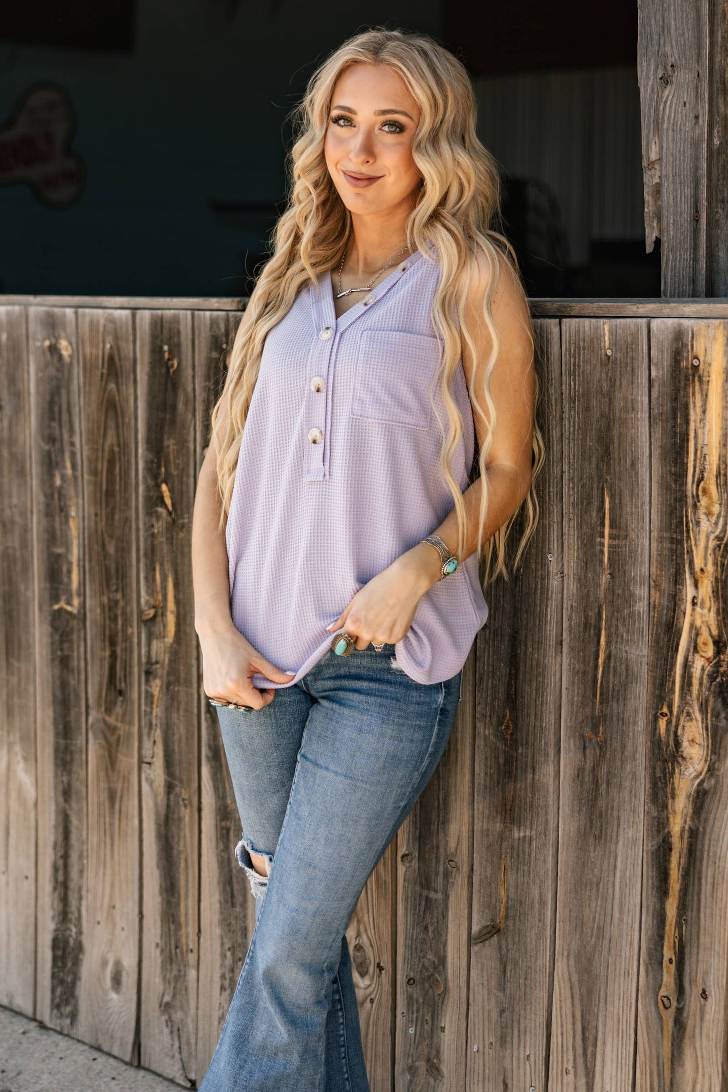 Sleeveless Waffle Top With Button Top in Lilac Mist