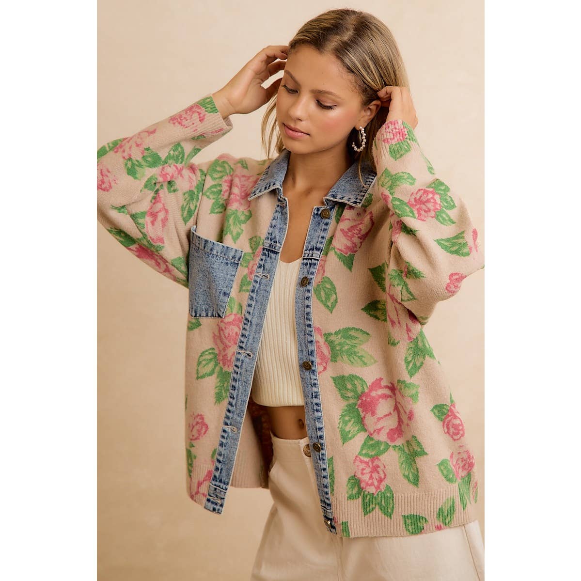 Floral Knit Denim Combo Shacket