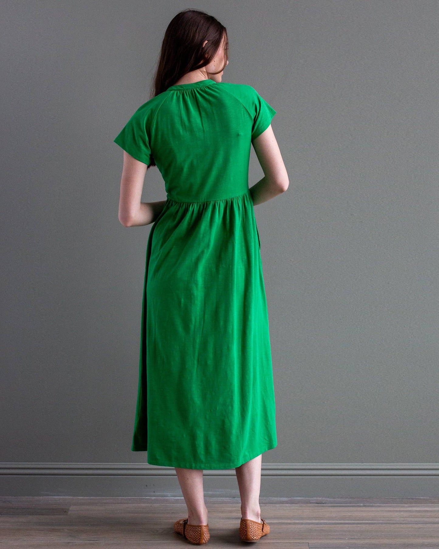 Popover Green Short Sleeve Casual Knit Dress with Pockets