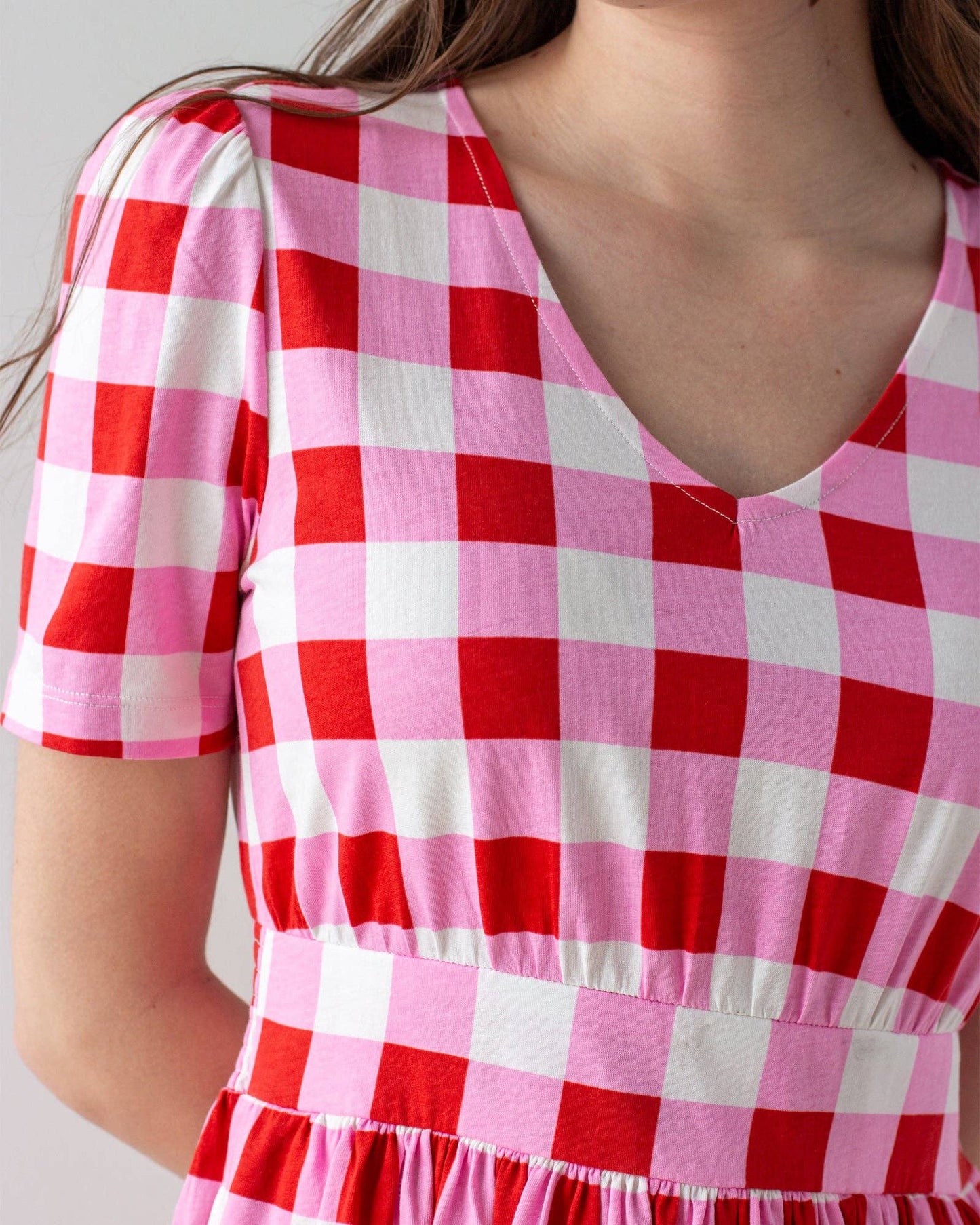 Market Pink Plaid Short Sleeve V-neck Midi Summer Dress