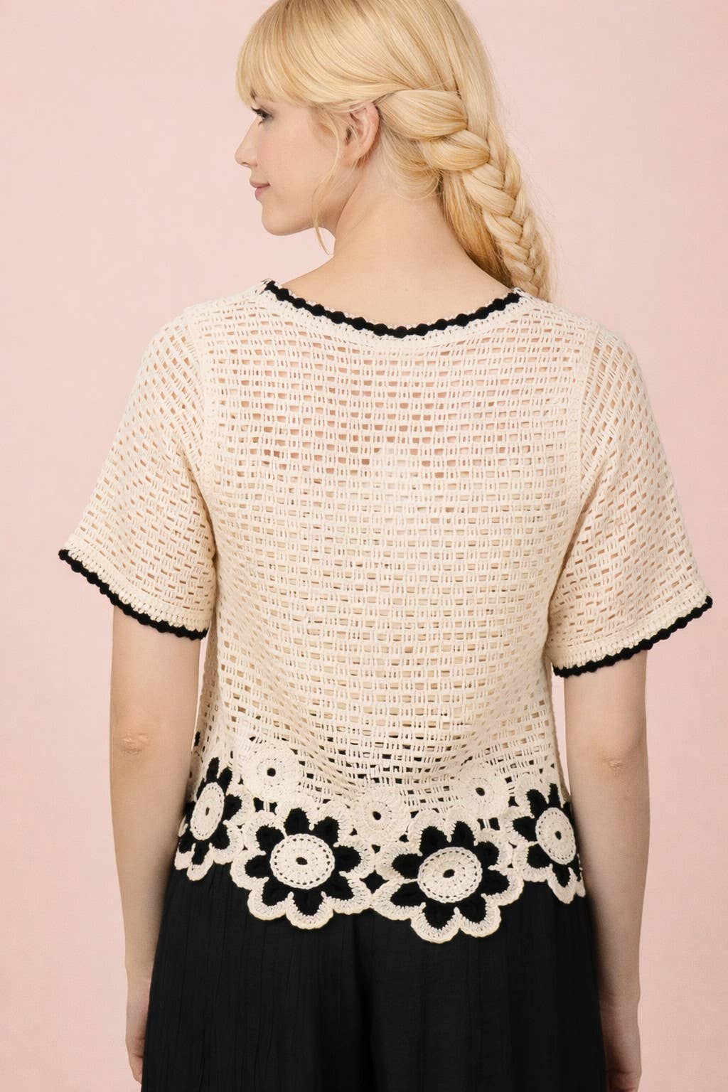 NT12550-Floral Hem Crochet Button Down Top