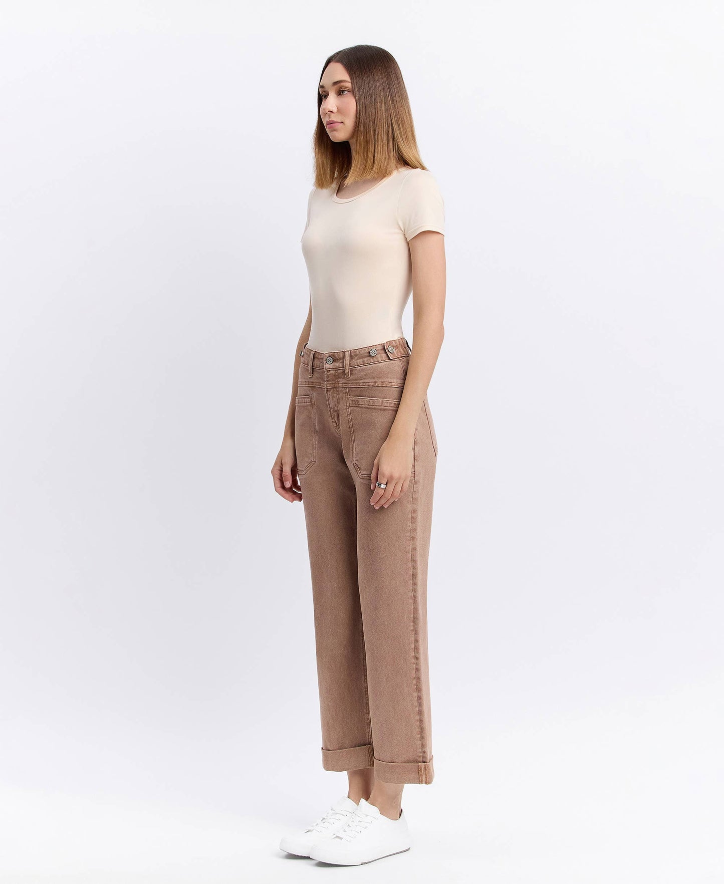 High Rise Tab Wide Denim in Warm Taupe by Flying Monkey