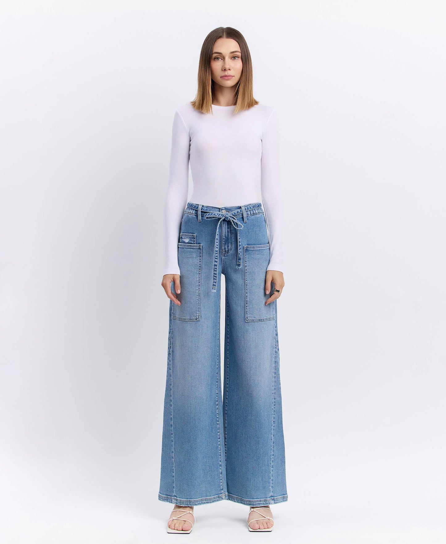 High Rise Elastic Tie Waistband Wide Denim by Flying Monkey