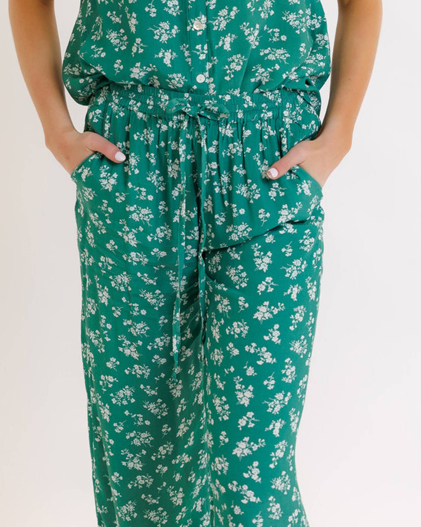 Green Ditsy Floral Print Comfy Pants
