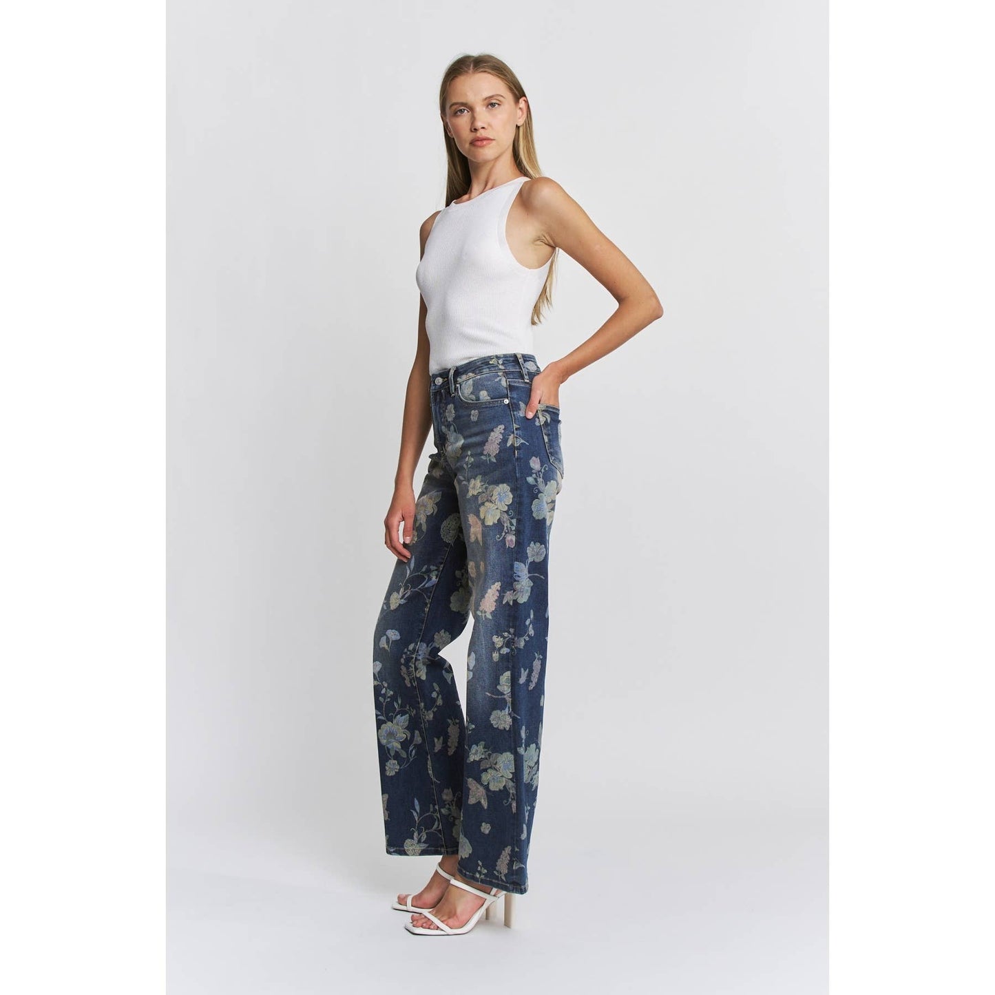 High Rise Wide Leg Denim in Floral Blue by MICA