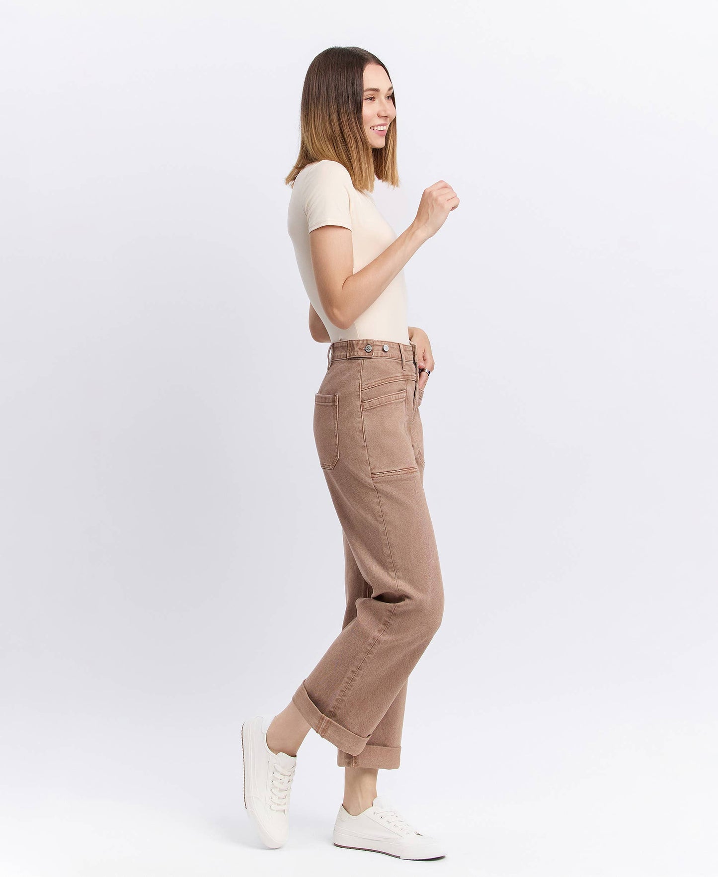 High Rise Tab Wide Denim in Warm Taupe by Flying Monkey