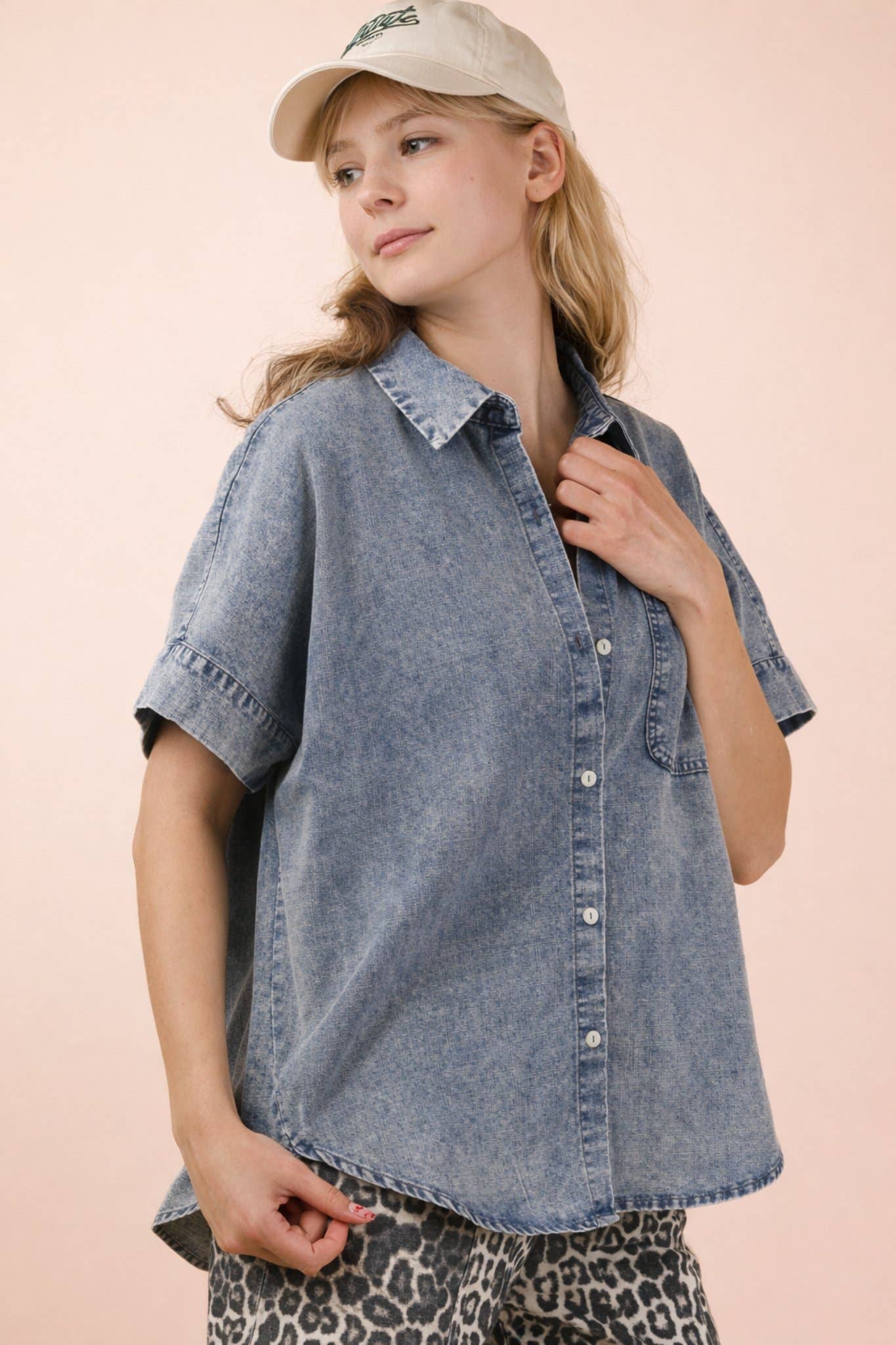 Mineral Washed Chambray Oversized Shirt Top in Indigo