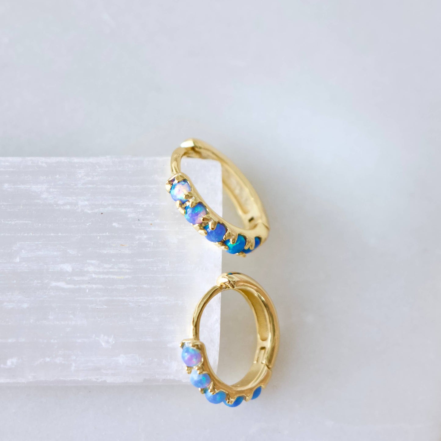 Blue Opal Huggie Hoop Earrings Hypoallergenic, Sterling Silv