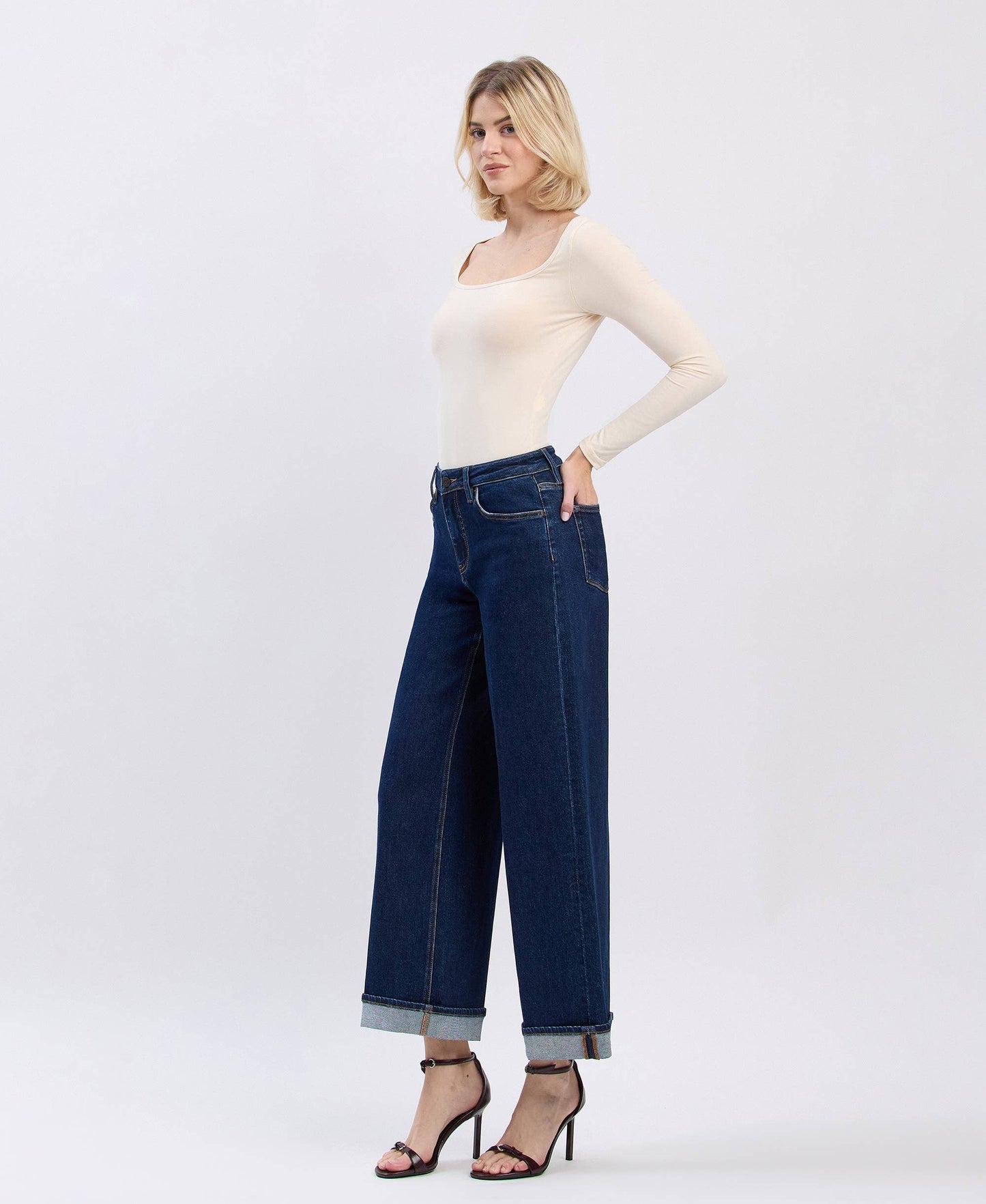 High Rise Cuffed Ankle Wide Jeans