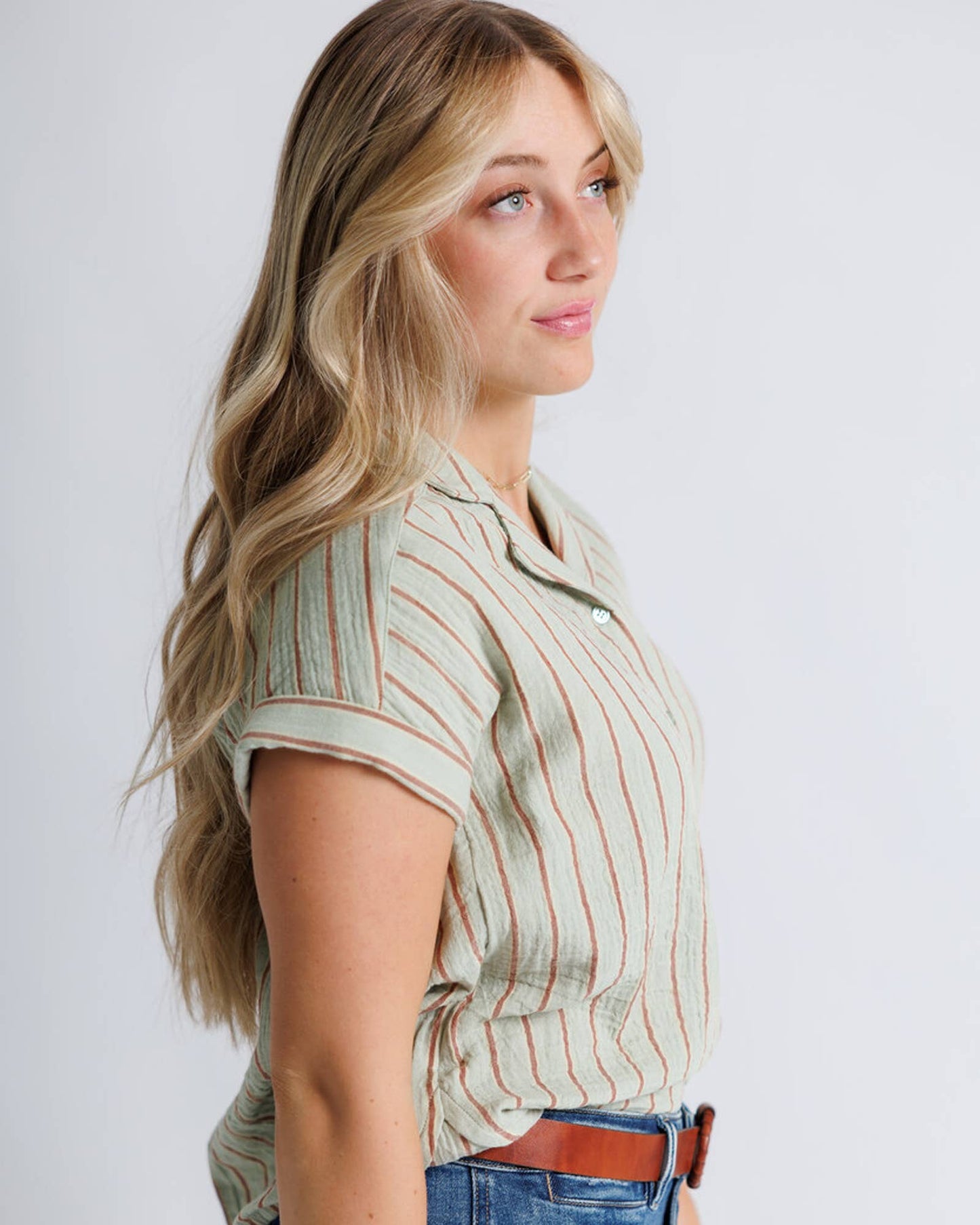 Allie Short Sleeve Striped Button Down Blouse