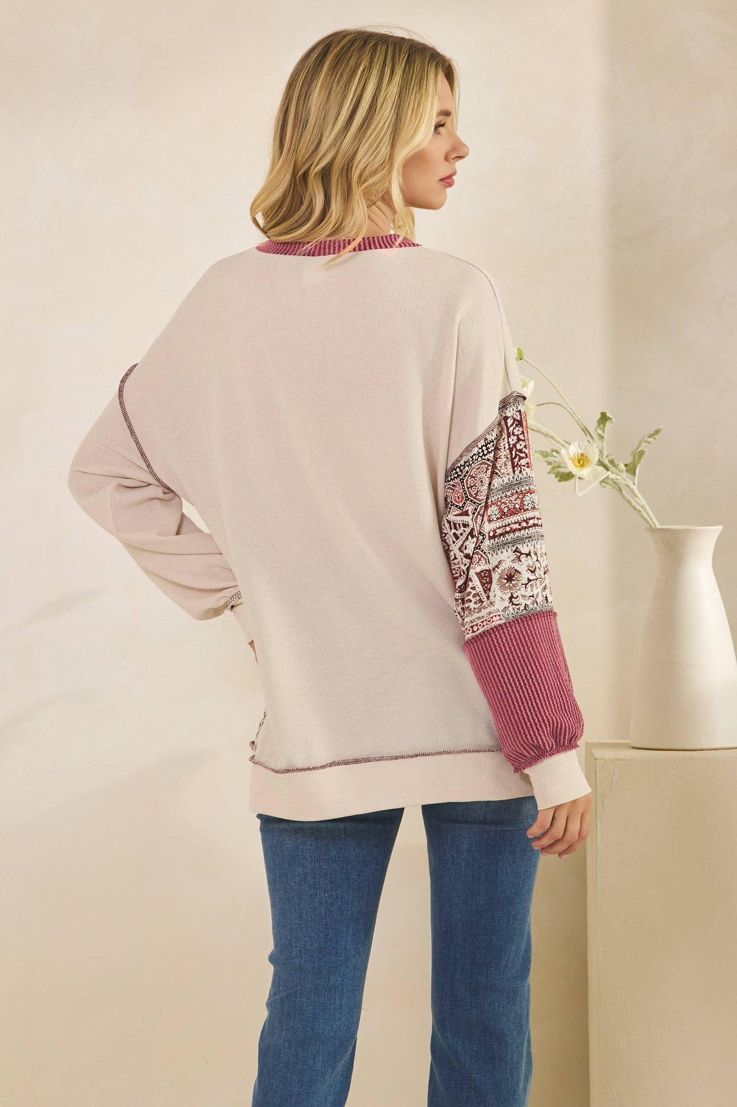 Patchwork Knit Long Sleeve Pullover Top in Burgundy or Olive