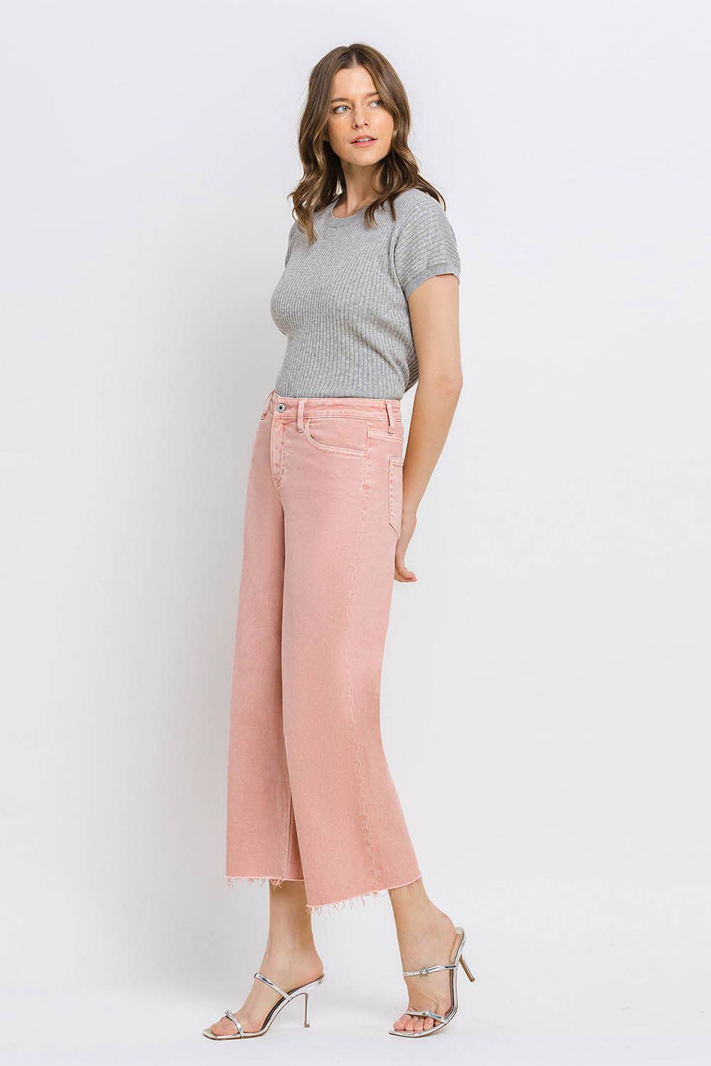 High Rise Crop Wide Leg Denim in Silver Pink by Vervet