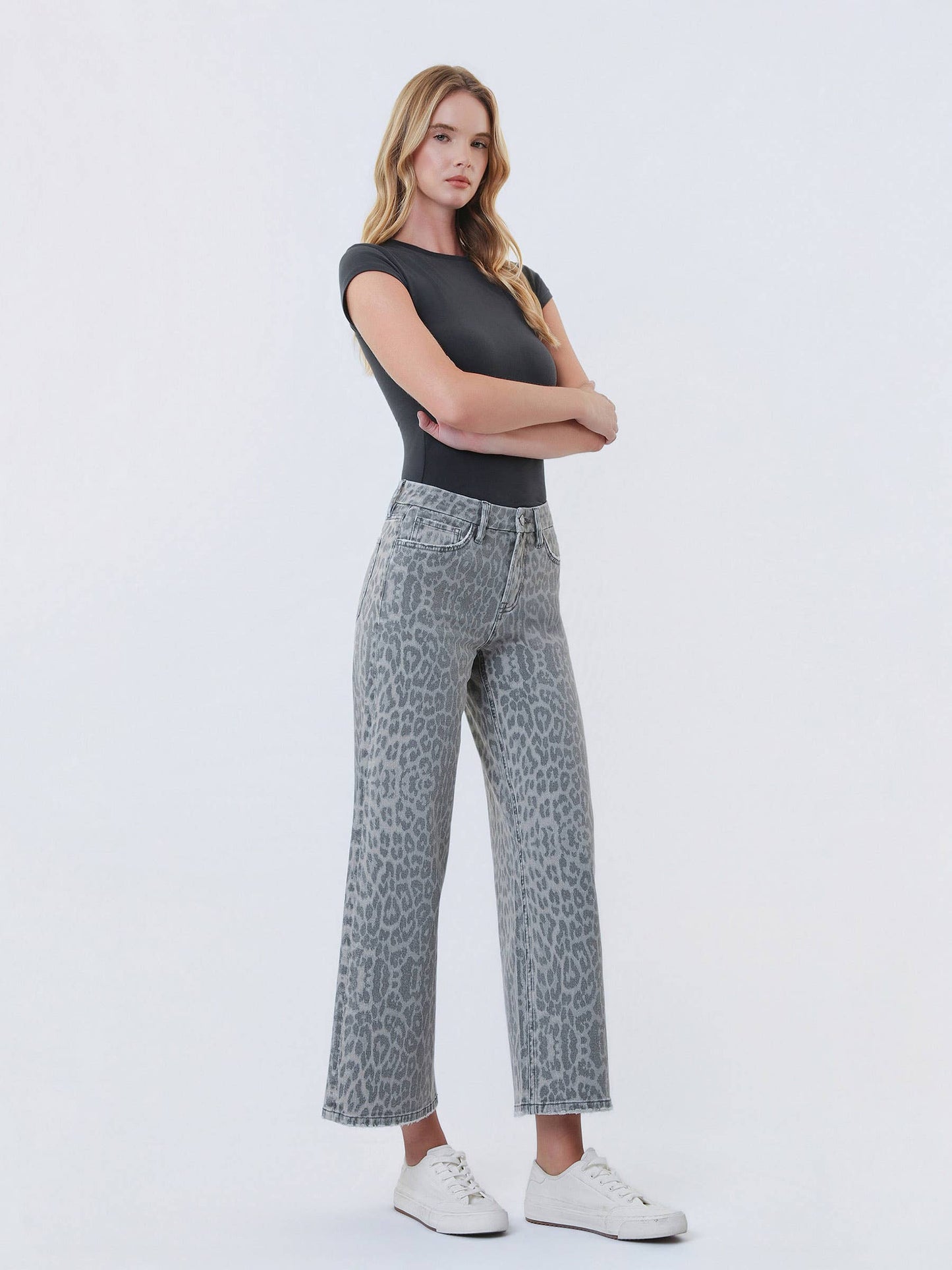 High Rise Grey Leopard Wide Leg Denim by Vervet