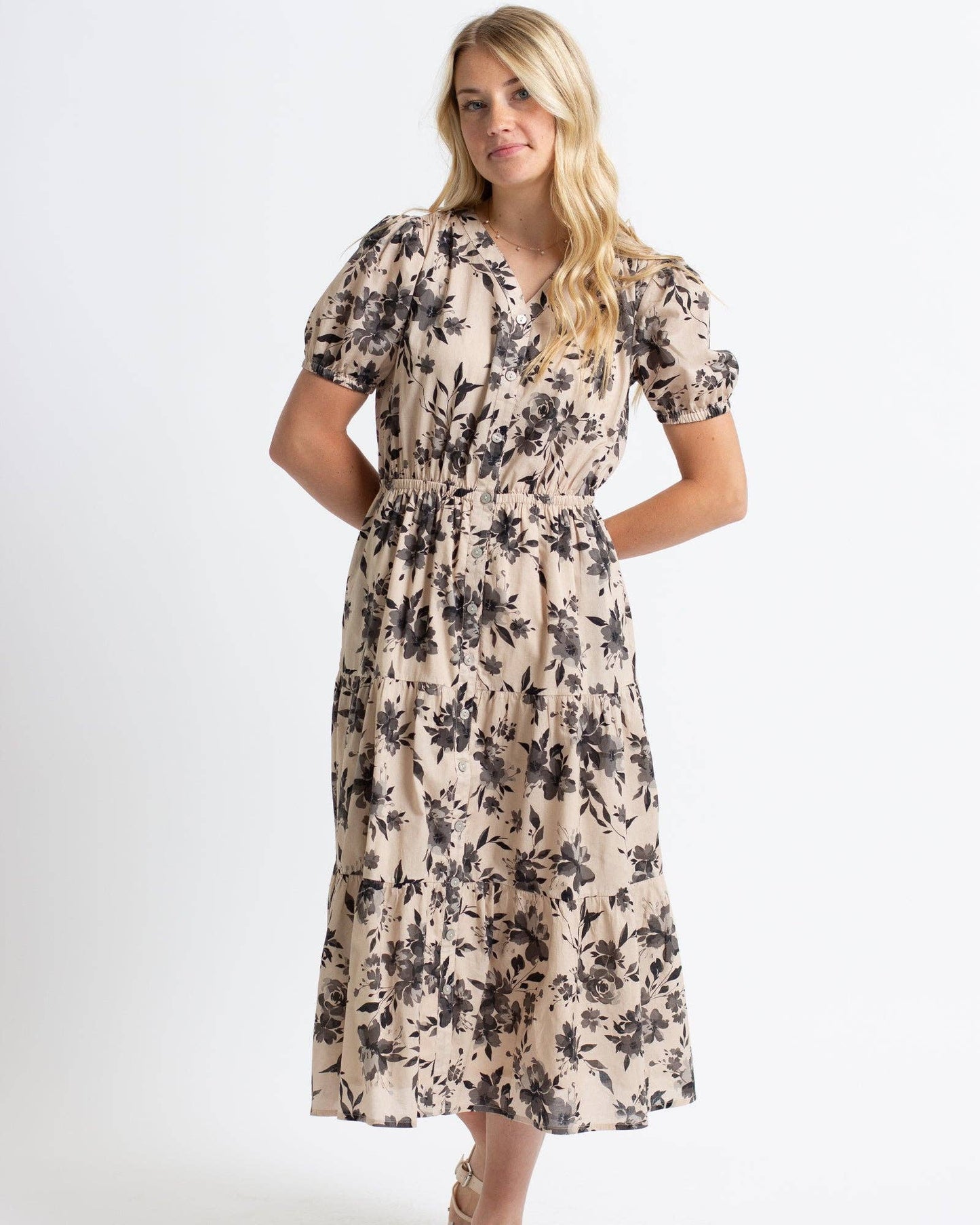 Nadine Floral Print Short Sleeve Midi Fall Dress