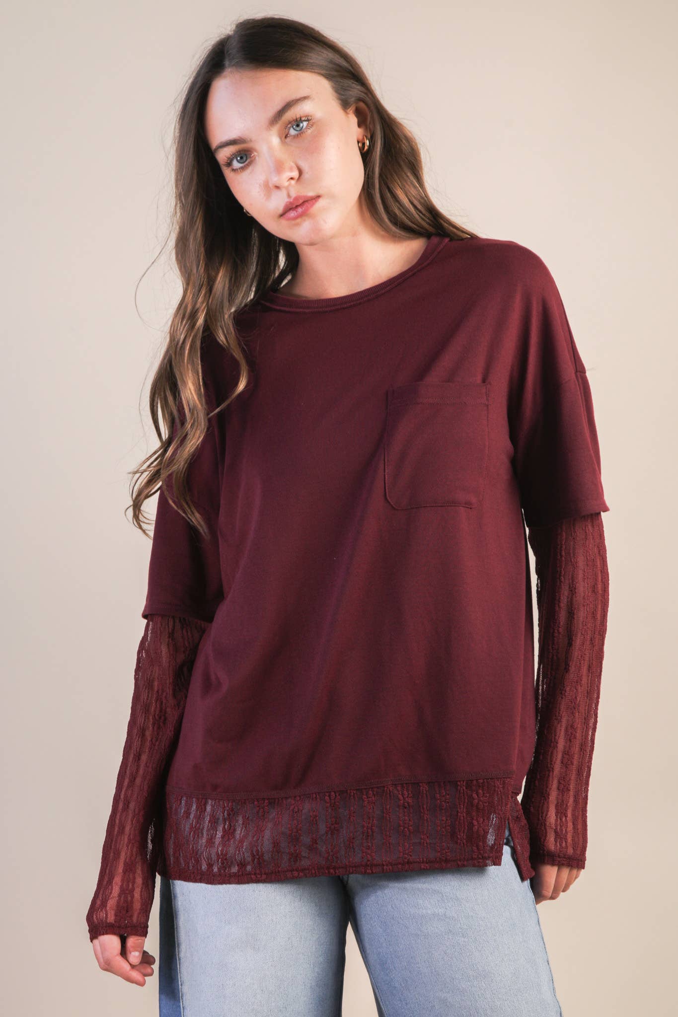 Oversized Casual Knit Top W/ Lace in Olive, Black or Wine