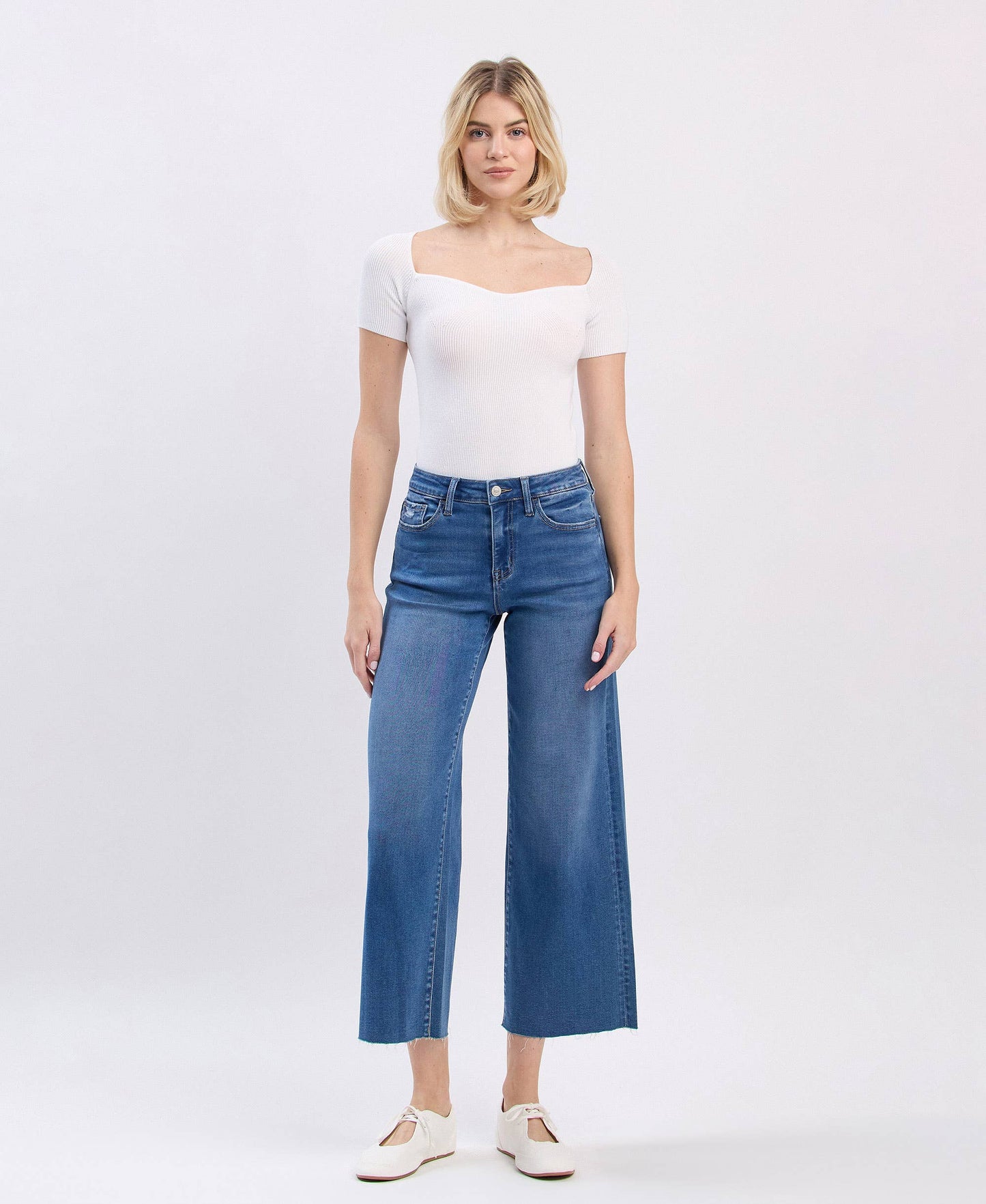 High Rise Clean Cut Raw Hem Crop Slim Wide Leg by Vervet