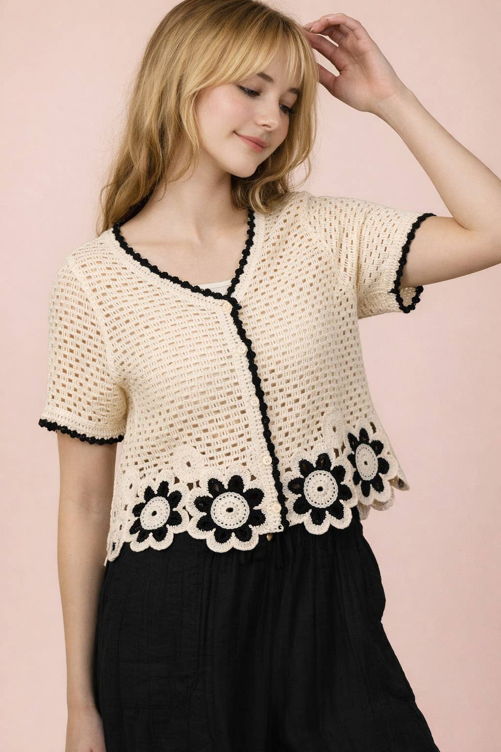NT12550-Floral Hem Crochet Button Down Top