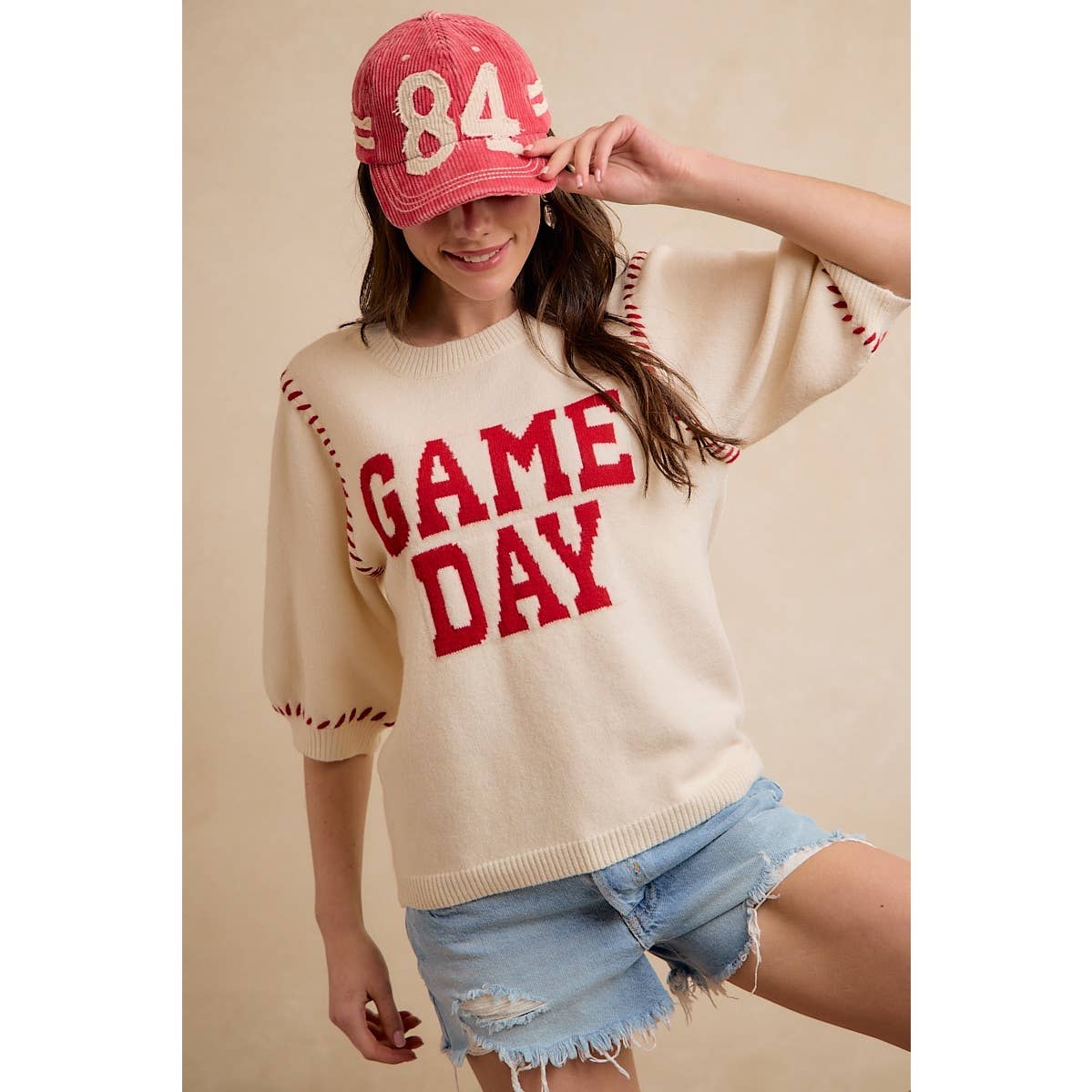 GAMEDAY THEME STITCH DETAIL PUFF SLEEVES KNIT TOP