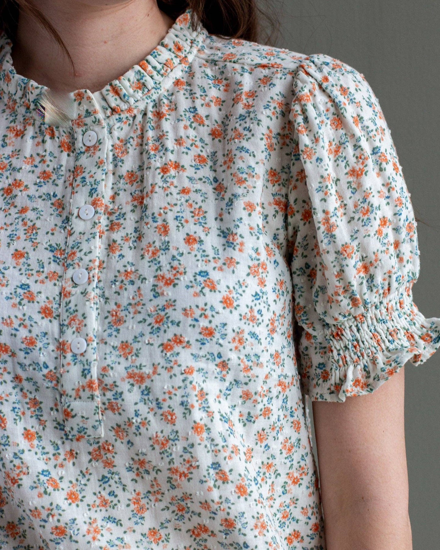 Aria Dainty Floral Print Short Sleeve Ruffle Neckline Blouse