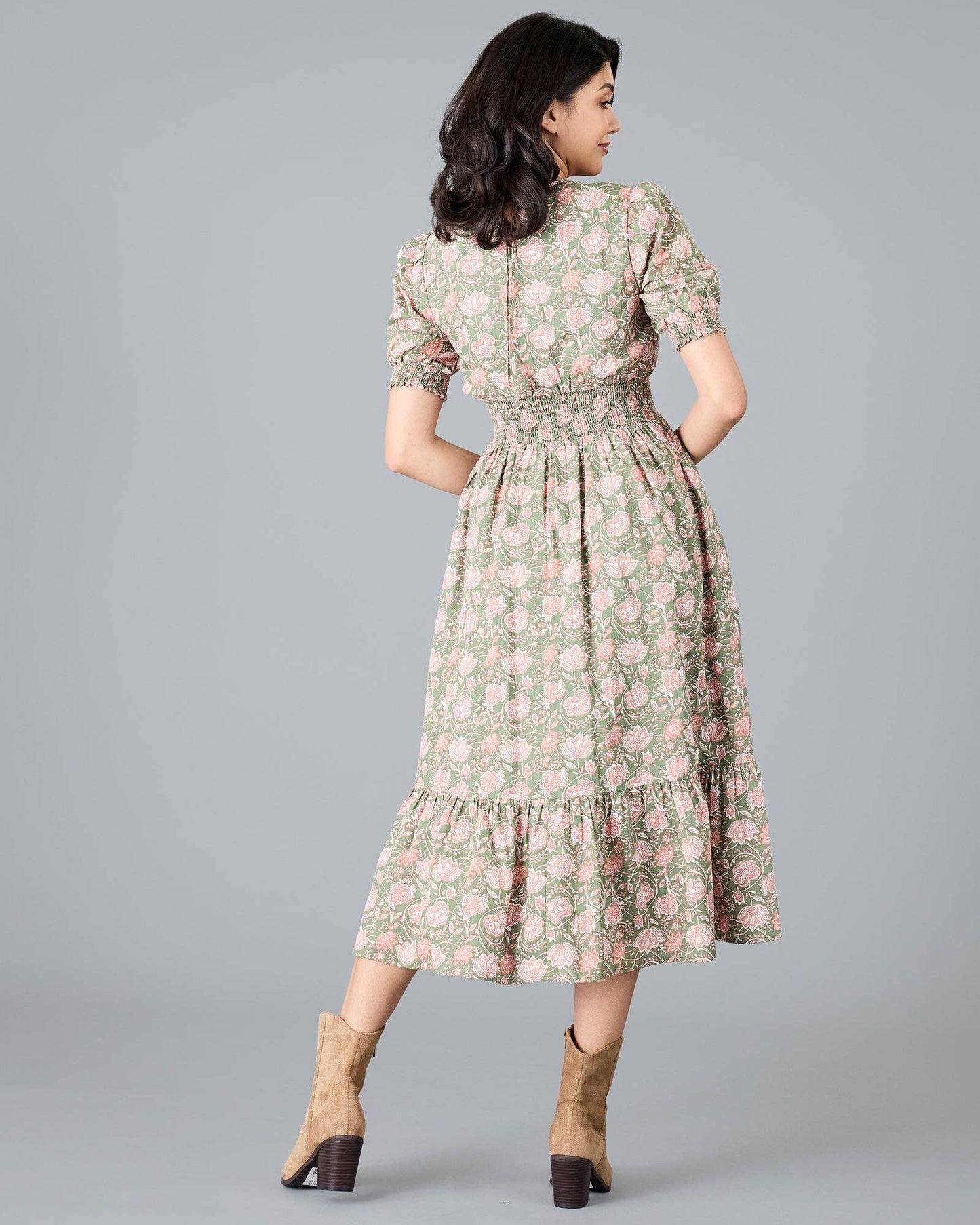 Violet Midi Dress in Green & Pink